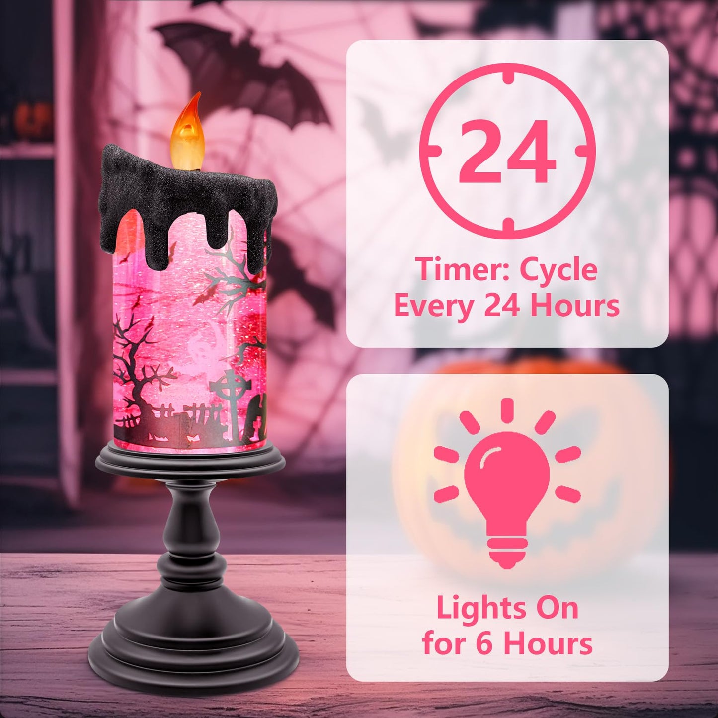 Halloween Snow Globe Candle with Pink Graveyard Scene – LED Flameless Candle with Water Glitter Swirls, Battery Operated Light Up Halloween Decoration for Indoor Tabletop or Mantel