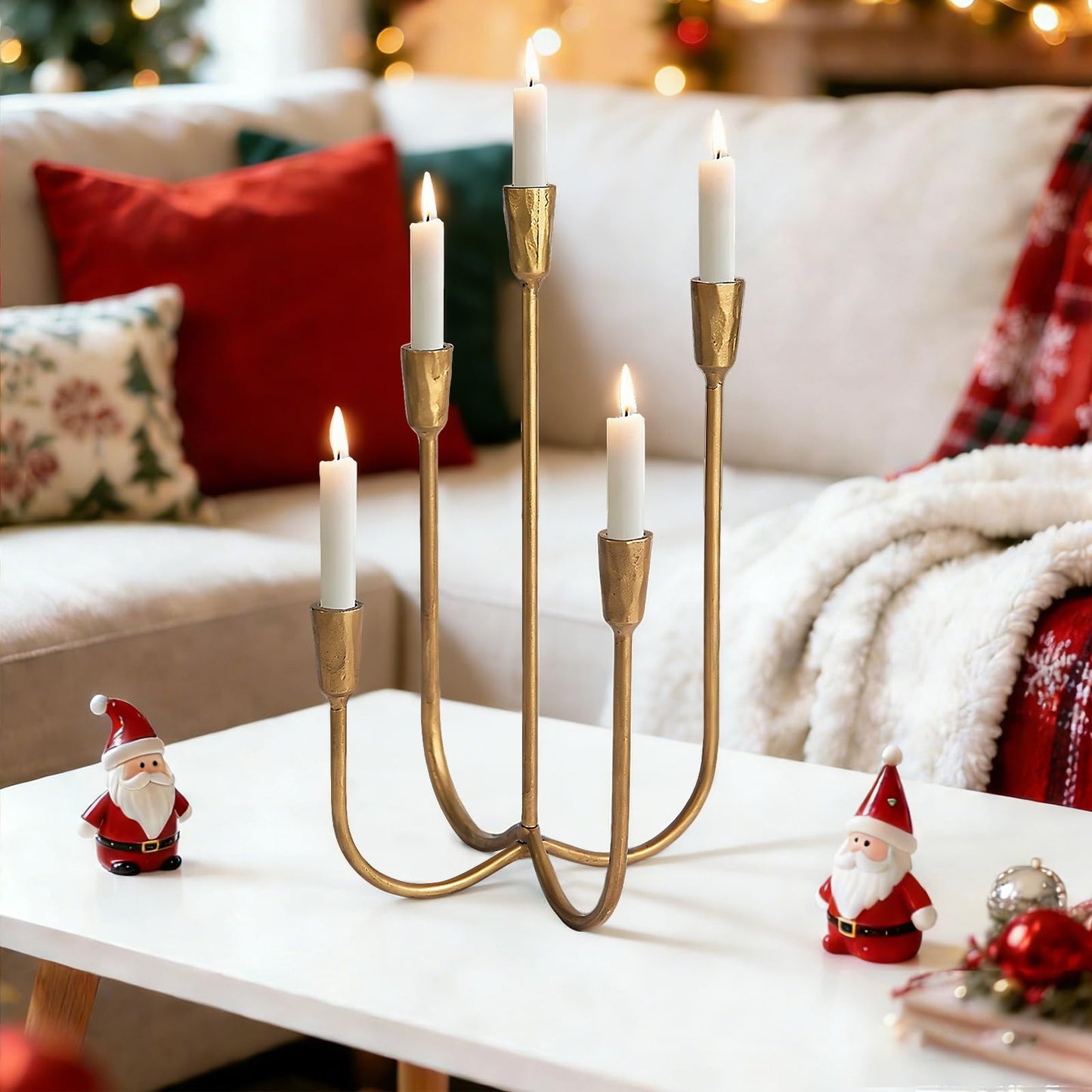 Cast Iron 5-Candle Candelabra Centerpieces for Tables, Gold Candle Holders Wedding Event 17.6 inch Tall Hand-Forged Candlestick Holders for Dining Room, Living Room or Mantel