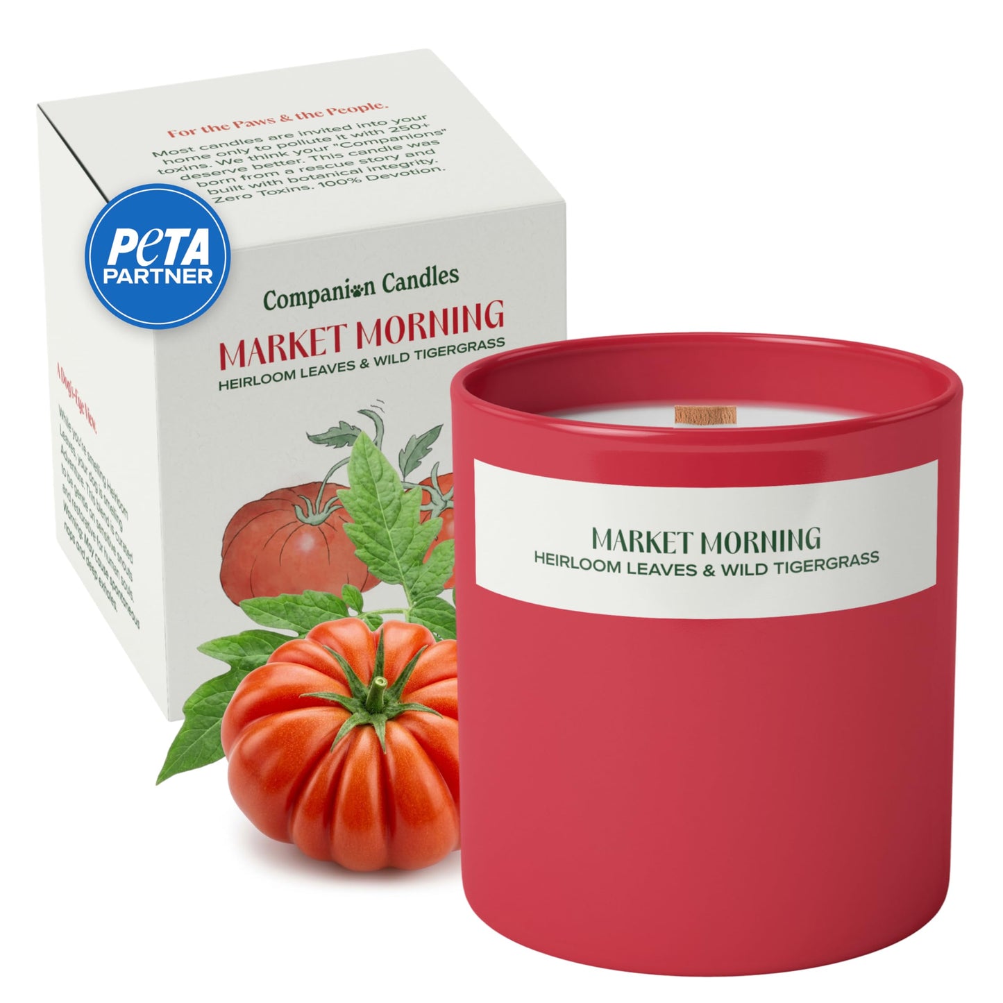 Companion Candles Market Morning Pet Friendly Candle - Heirloom Tomato & Tigergrass - Coconut Soy Wax Non Toxic Candle with Wood Wick, Pet Odor Eliminator, 50hr Burn, Made in USA, 11.8oz