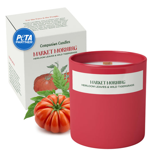 Companion Candles Market Morning Pet Friendly Candle - Heirloom Tomato & Tigergrass - Coconut Soy Wax Non Toxic Candle with Wood Wick, Pet Odor Eliminator, 50hr Burn, Made in USA, 11.8oz