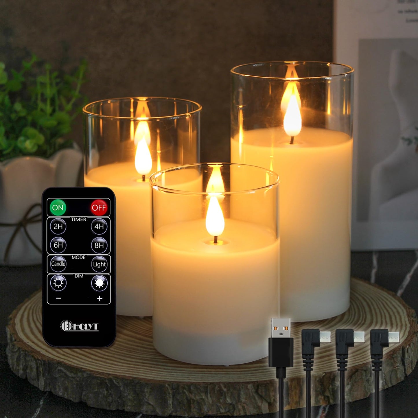 LEDHOLYT Rechargeable Flameless Glass Pillar Candles–Gifts for Women,–Set of 3, Realistic Flickering LED Light,Remote & Timer, Ideal for Living Room, Bedroom & Festival Wedding Home Party Decor