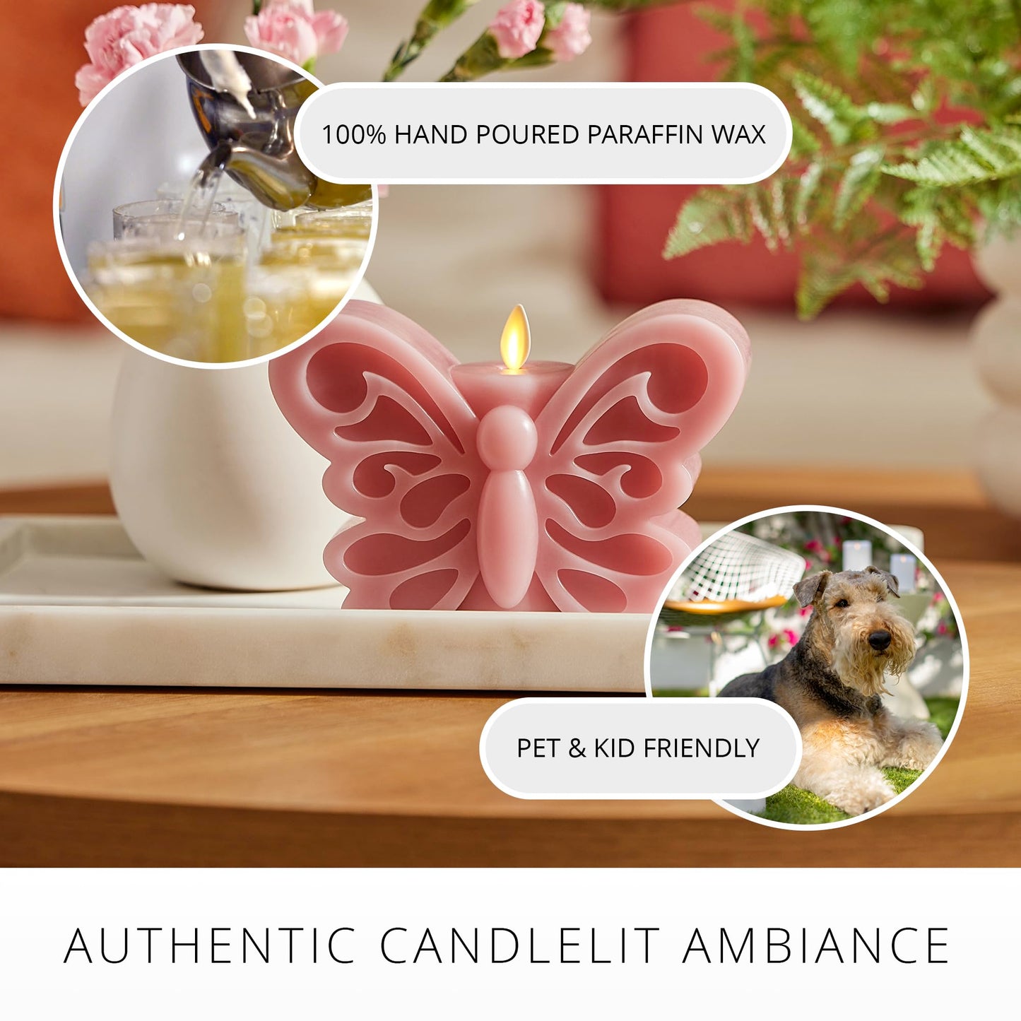 Luminara - Flameless Flickering Moving Flame Nature-Inspired Battery Operated LED Décor - Spring Summer Collection - Blooming Mauve Butterfly Garden Candle - 6.6” x 4.3”