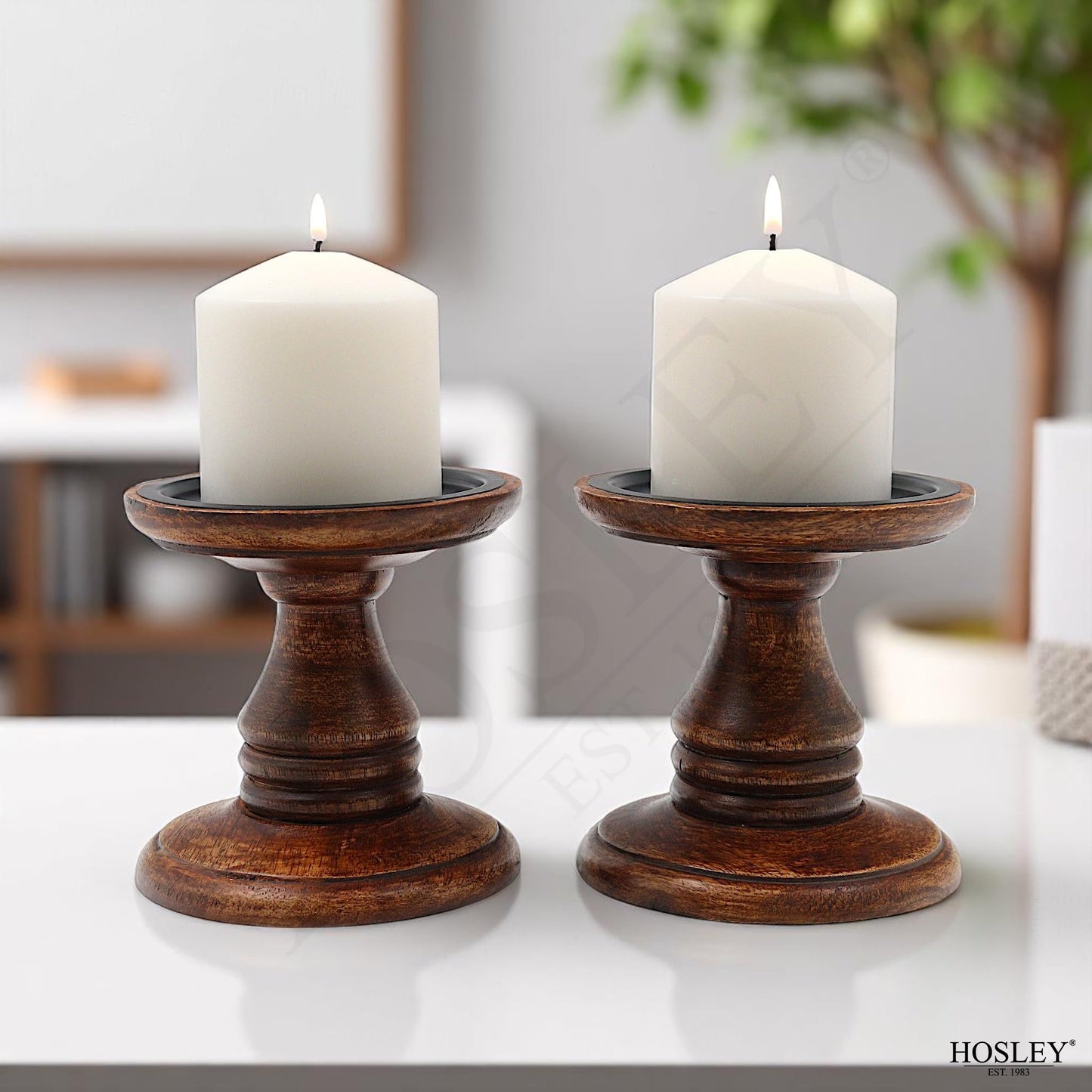 Hosley Set of 2 Brown Wood Pillar Candle Holders 5 Inch High Ideal Gift for Weddings Bridal Party Spa Reiki Meditation Votive LED Pillar Candle Gardens