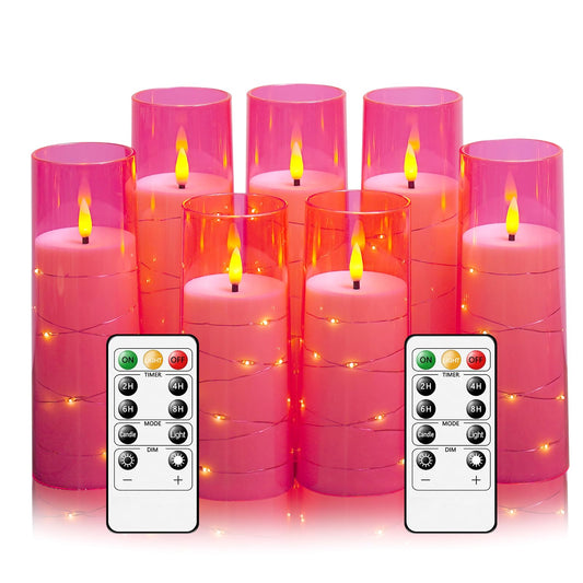 Eebuss Flameless Candles with Embedded Star String, Battery Operated LED Pillar Candles with Timer and Remote Control,Home Decorating for Ambiance， Set of 7 (Pink)