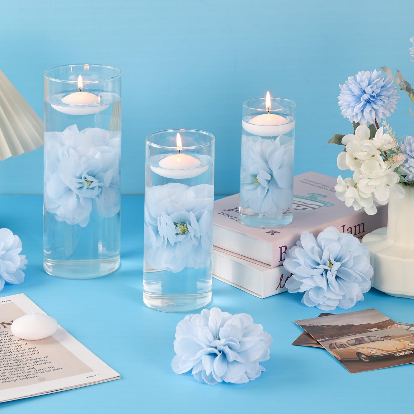ZJGXH 24 Pcs Floating Candles for Centerpieces and Floating Flowers Vase Fillers for Centerpieces Artificial Blue Flowers for Wedding Party Home Table Decoration