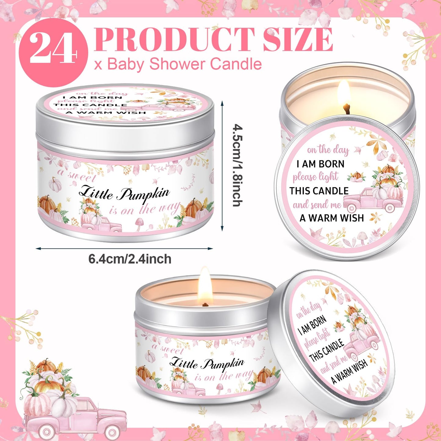 MTLEE 24 Pcs Thanksgiving Little Pumpkin Baby Shower Party Favors Candles Lavender Scented Baby Shower Favors for Guests Rustic Tealights Candles Gender Reveal Return Gifts (Pink, 1.2 Oz)