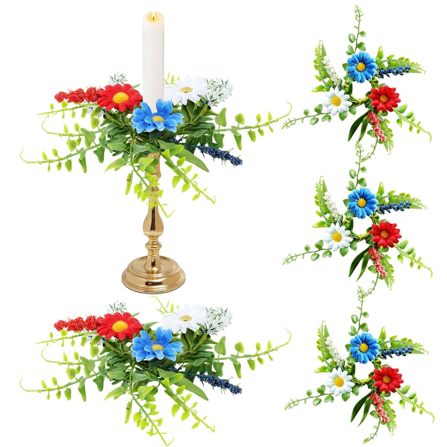4 PCS Patriotic American Taper Candle Rings Wreaths 1.38" Mini 4th of July Floral Taper Candle Holder with Daisy Artificial Independence Day Table Centerpieces Wreath for Party Home Candlesticks Decor