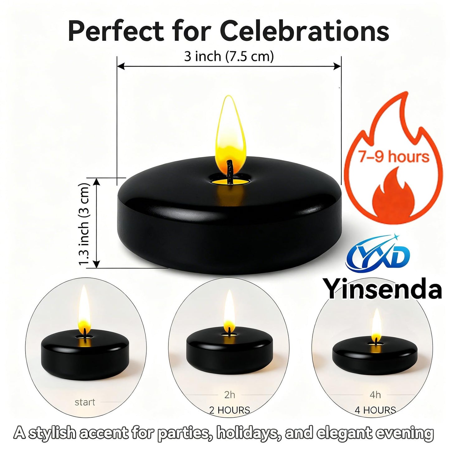 Yinsenda 12 Pack Black Floating Candles - 3 Inch Unscented Round Candles, 7-9 Hrs Long Burning for Cylinder Vases, Wedding Centerpieces, Parties & Bath Décor