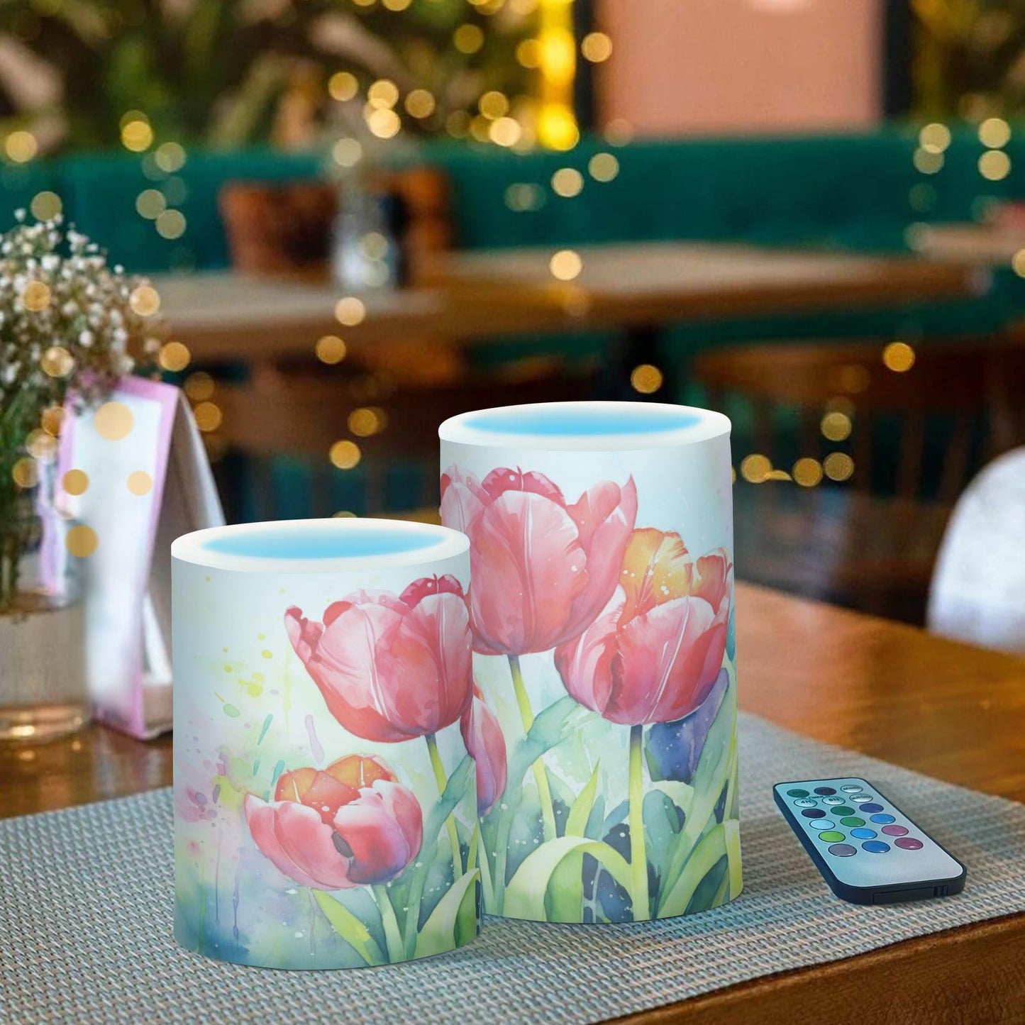 ALAZA Red Tulip Spring Flameless Candles, LED Pillar Candles with Remote Timer, Battery Operated Candles Set of 2