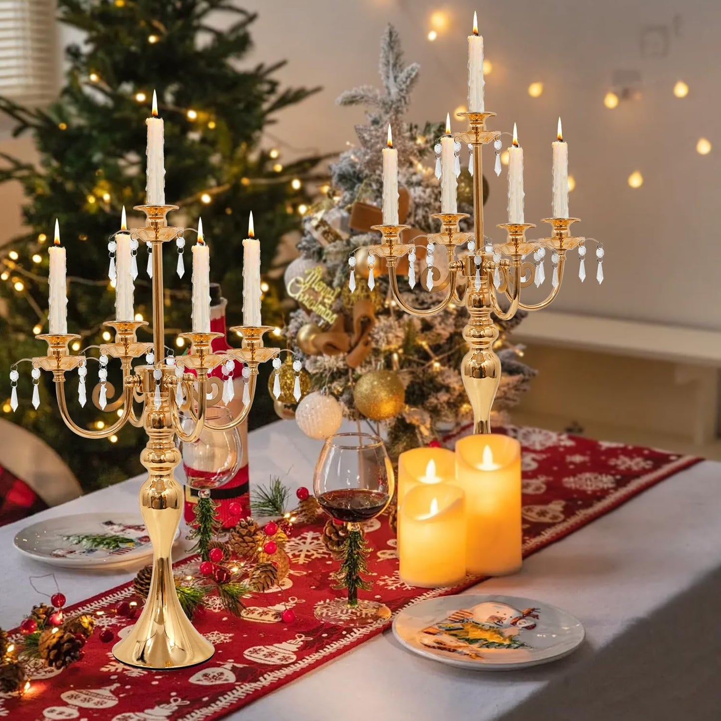 5 Arm Black Candelabra Centerpiece for Table, 20.3” Tall Metal Candlestick Candle Holder for Taper Candles, Gothic centerpieces for Tables, Wedding, Party, Reception (Gold, 2pcs)