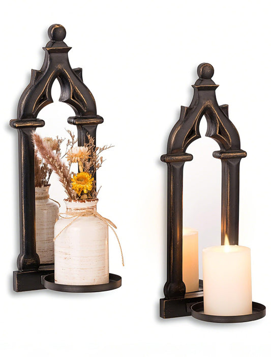 Walasis Black Candle Sconces Gothic Wall Decor - Wood Rustic Farmhouse Wall Candle Holder Set of 2 for Livingroom Fireplace - Black Dark Mirror Candle Sconces for Halloween Art Decorations
