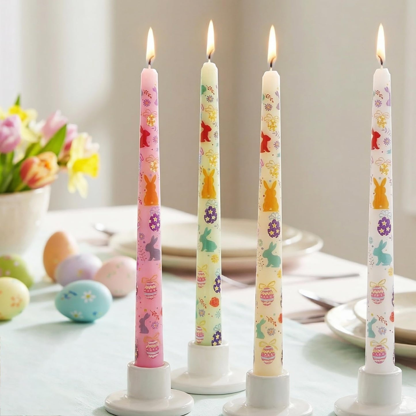 FYBW 4 Pack Easter Printed Taper Candles, 10" Long Decorative Candles with Spring Bunny & Egg Design Decorative Candles for Easter Table & Home Decor