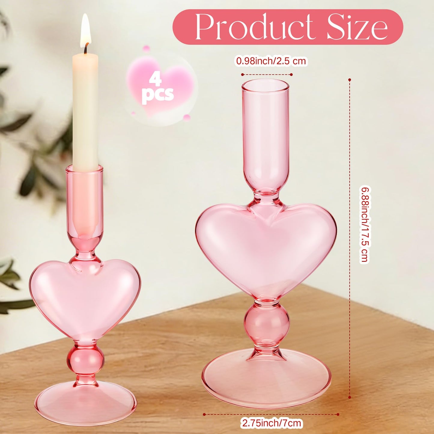 Teecyhooo 4pcs Valentine's Day Candle Holder 7" Heart Glass Taper Candlestick Holder Valentines Heart Candle Stick Vase Decor for Wedding Party Table Centerpiece(Pink)