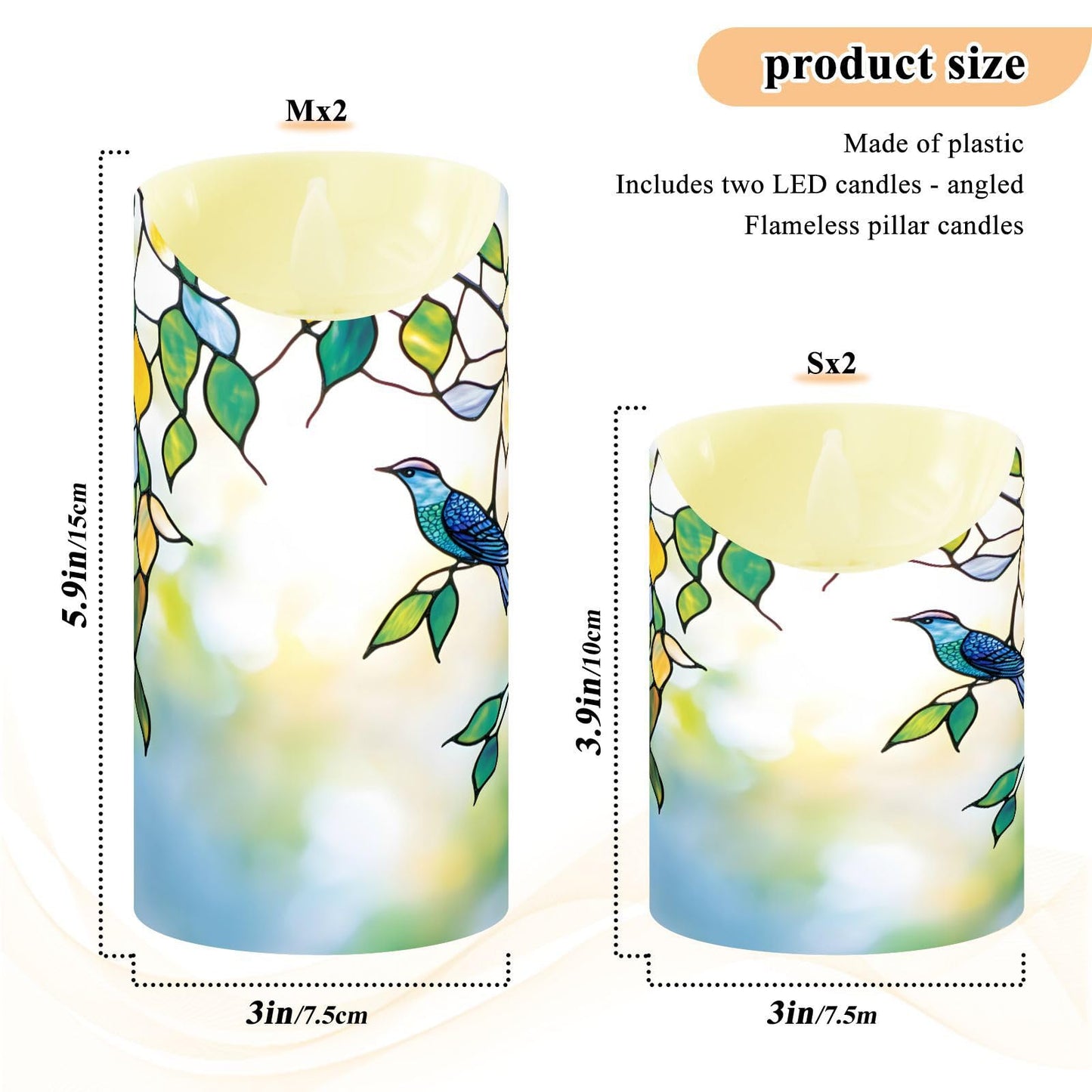 Flameless Candles Set of 2 Bird Leaf Stained Glass Realistic LED Candles with Remote Battery Operated Holiday Decorations