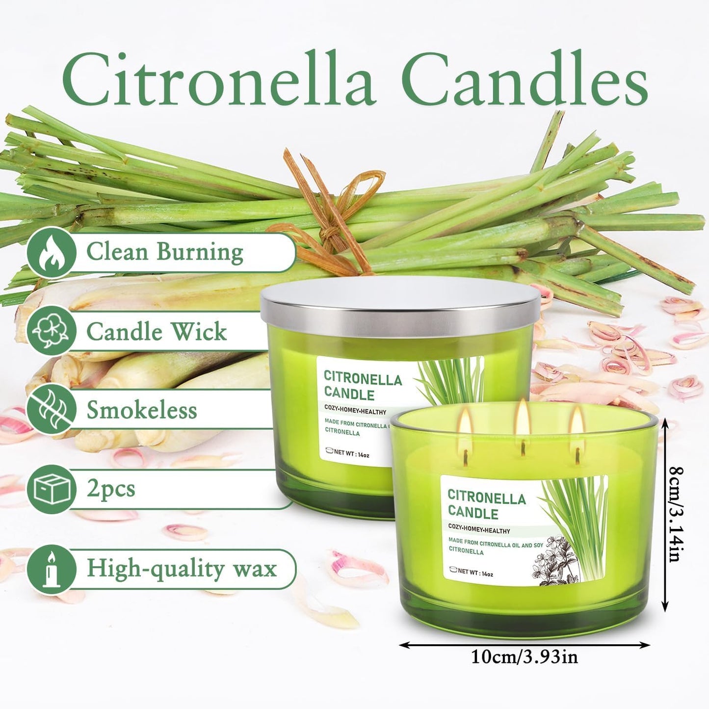 CAKETYCG Set of 2 Green Glass Jars Citronella Oil Candles 14oz Smokeless & Outdoor Candles Perfect for Courtyards, Backyards, Camping, Picnics, and Garden.