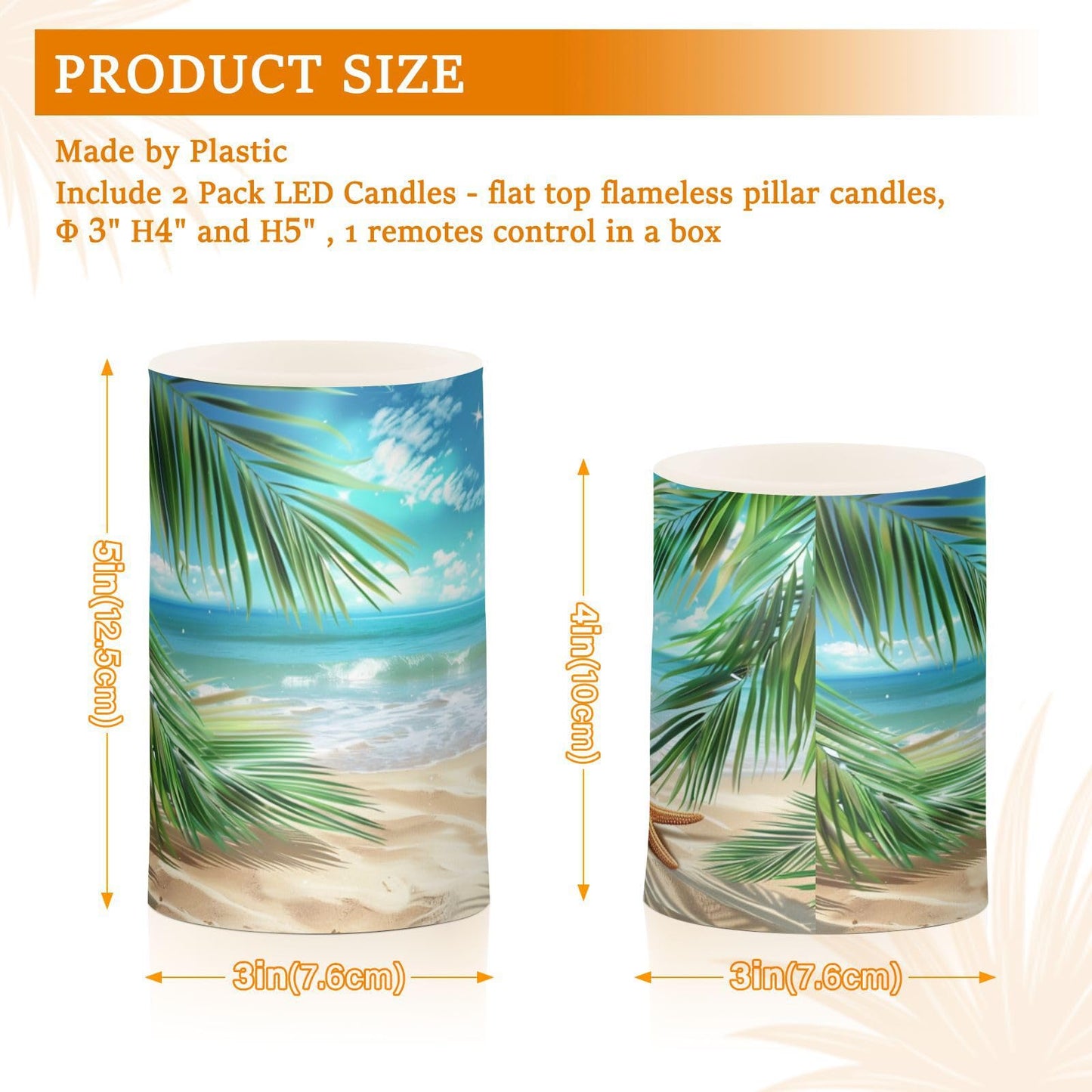 BOENLE Flickering Flameless Candles, Palm Leaves Starfish Beach LED Candles with Remote Timer, Set of 2 Battery Operated Candle for Valentine Wedding Birthday