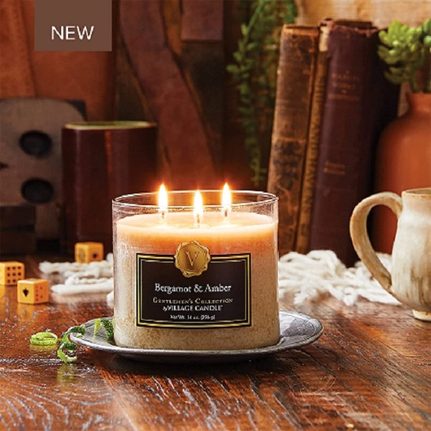 Village Candle Bergamot & Amber Glass 3-Wick Bowl, Scented Candle, 14 oz., Brown