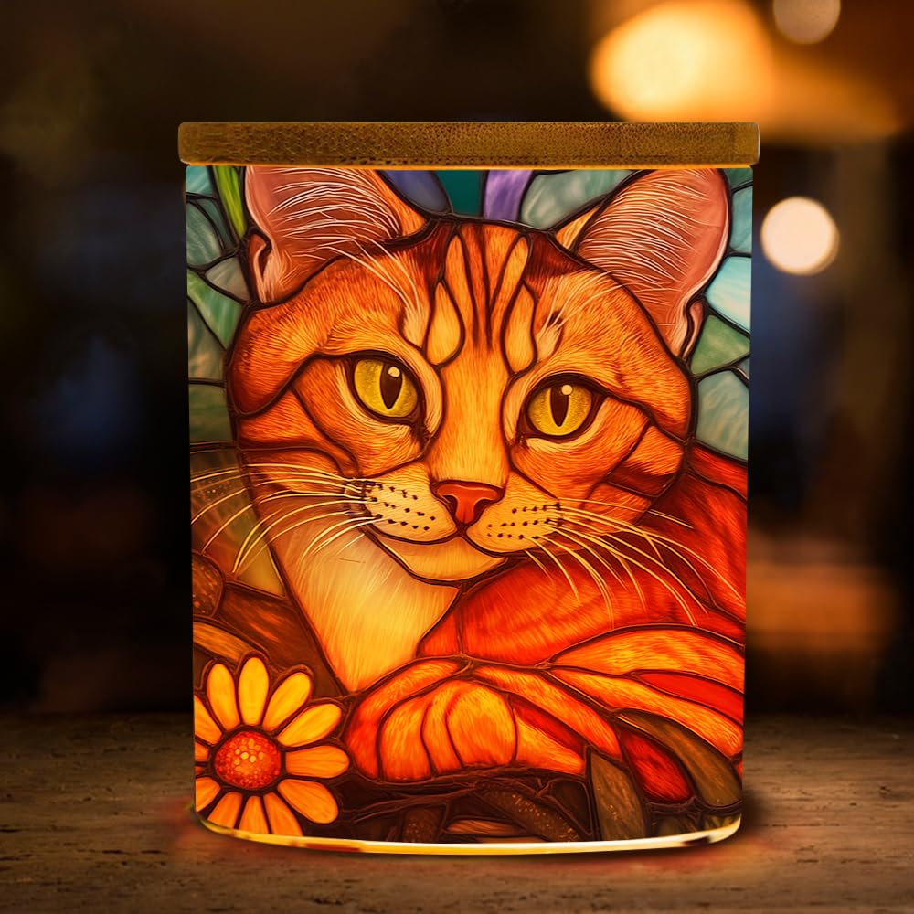 Stained Glass Cat LED Candle Holder with Bamboo Lid, Decorative Tea Light Jar, Orange Ginger Cat Design, 3.5x2.8 Inches