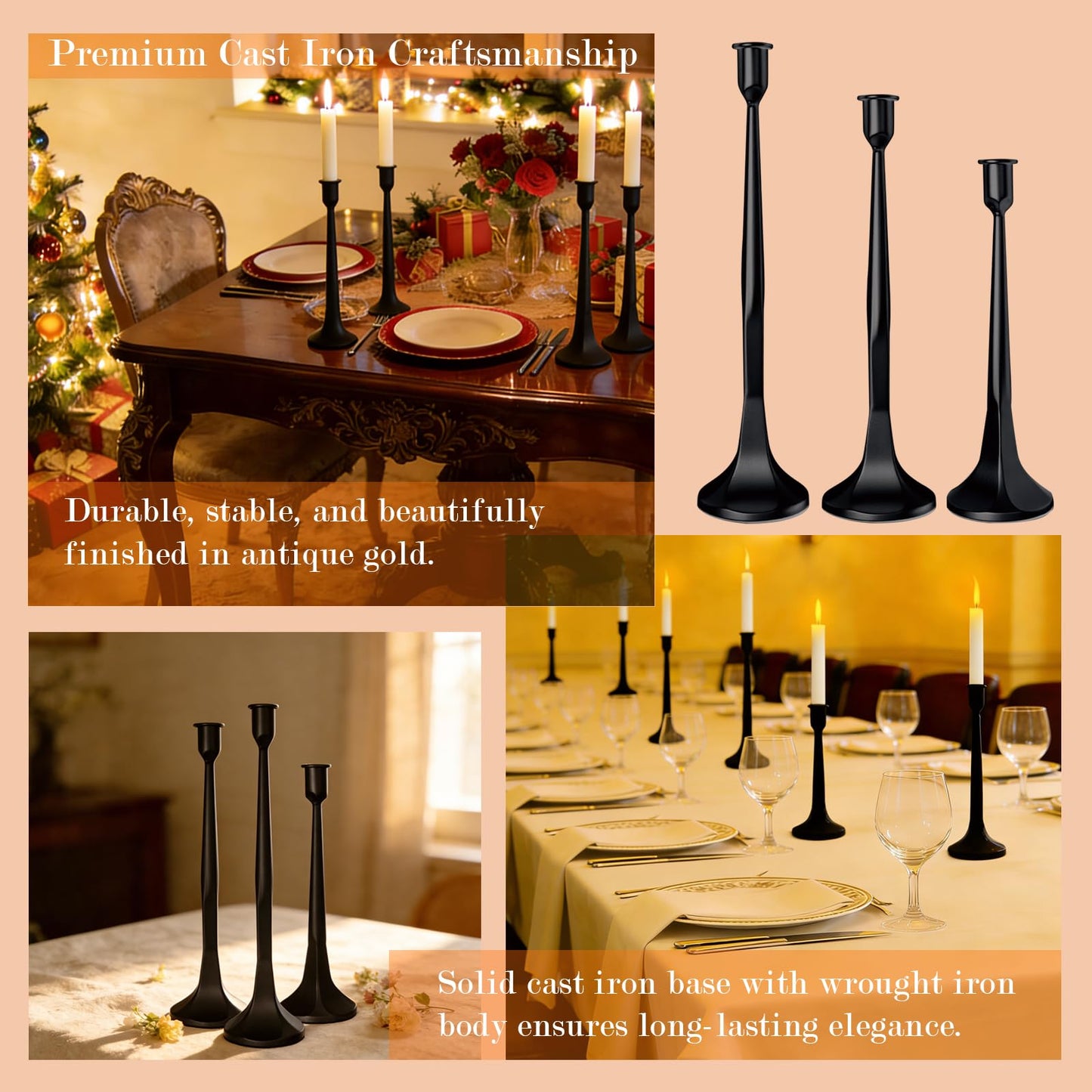 LAJIAOZ Antique Iron Taper Candle Holder Set of 3, Decorative Candlestick Holders for Dining Table, Wedding Centerpiece, Farmhouse & Modern Home Decor, Metal Candle Stands(12" 14" 15.5")(Black)