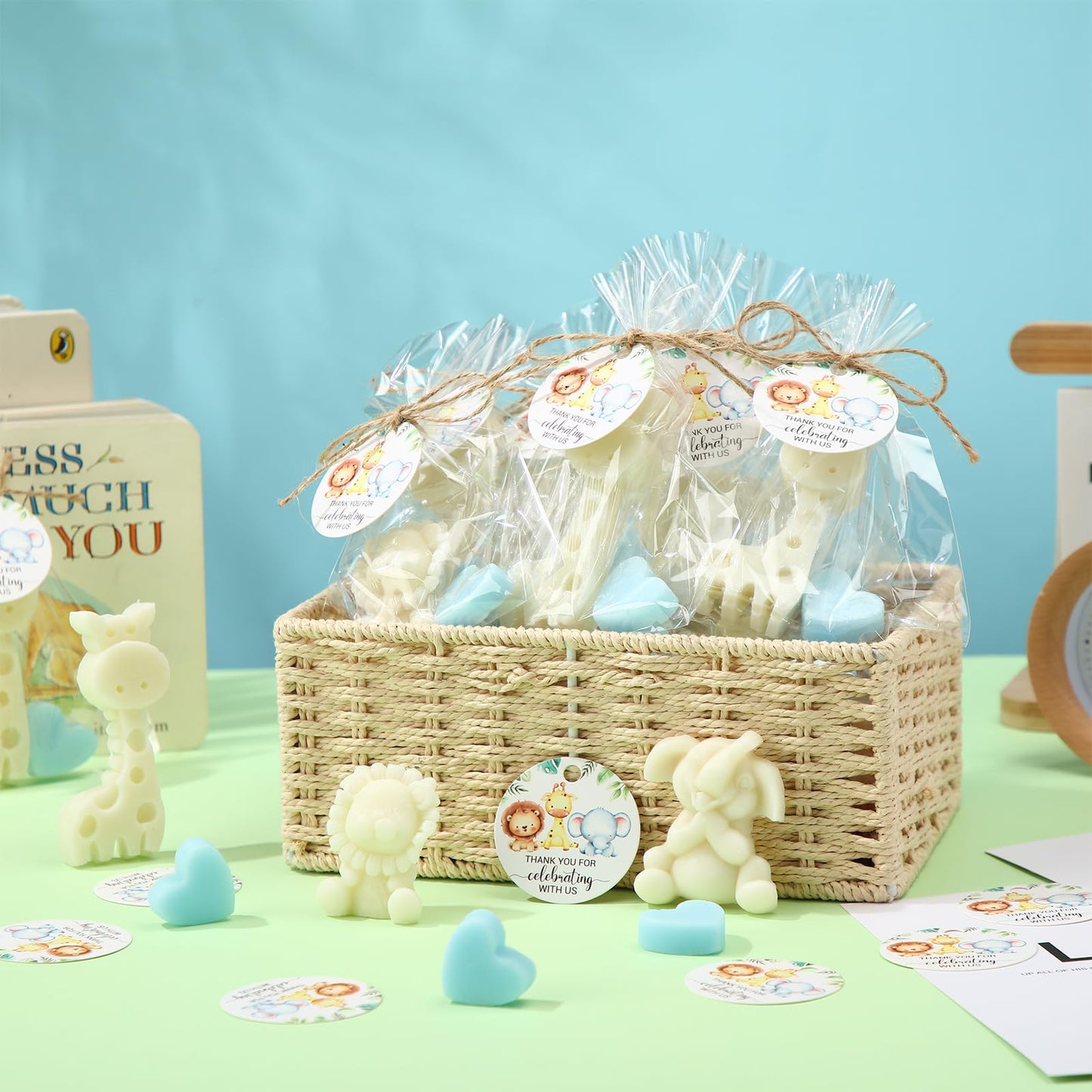 Demissle 20 Sets Safari Animal Baby Shower Soaps Favors for Guests Jungle Greeting Card Bath Gift for Birthday (Blue)