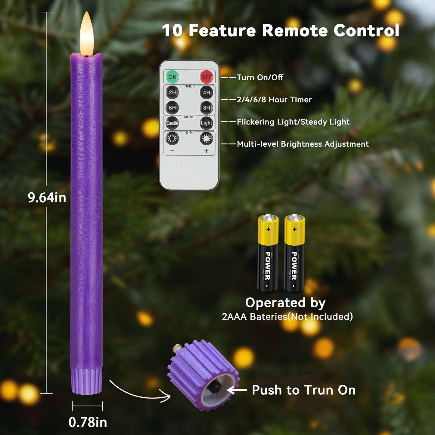SEHNSY Purple Flameless Taper Candles with Remote, 3 Pack Flickering LED Candlesticks, Real Wax Battery Operated Christmas Window Candles for Winter Home Holiday Decoration