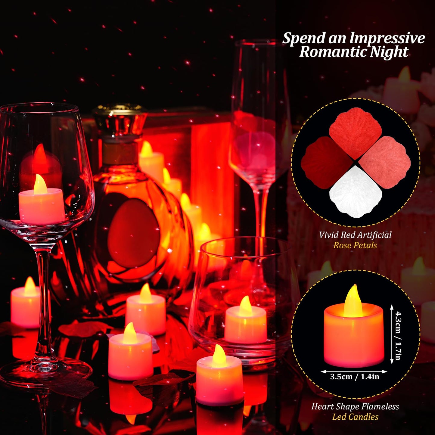 Coume 6000 Pcs Artificial Rose Petals with 72 Pcs Flameless LED Candles Romantic Decorations Fake Candles Anniversary Decorations for Valentine's Day Wedding Night(Red with Red Series Petal)