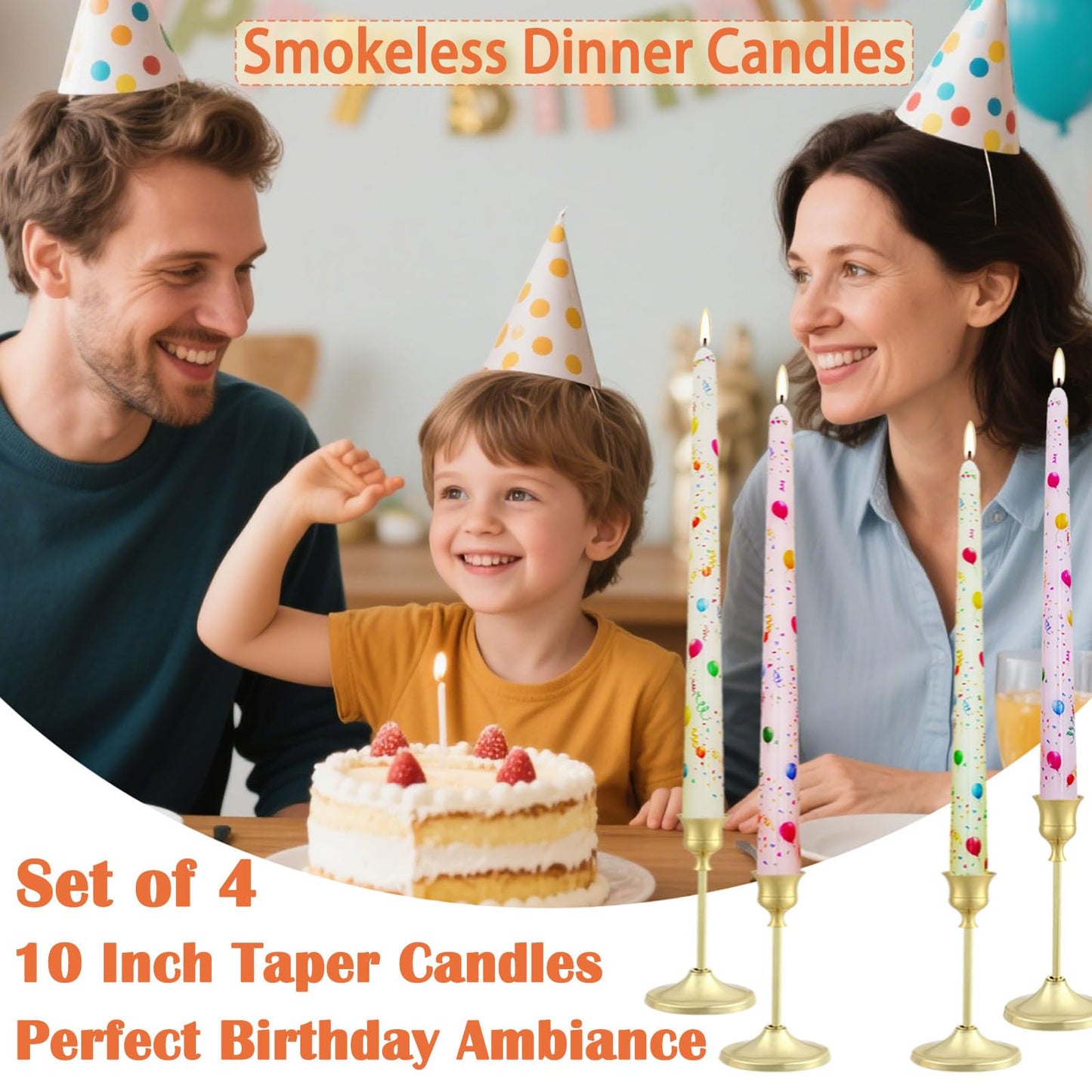 FYBW 10 Inch Decorative Taper Candles, 4 Pack Birthday Balloon Print Candlesticks, Unscented Dripless Candles with Long Burn Time for Party, Holiday Table & Home Decor