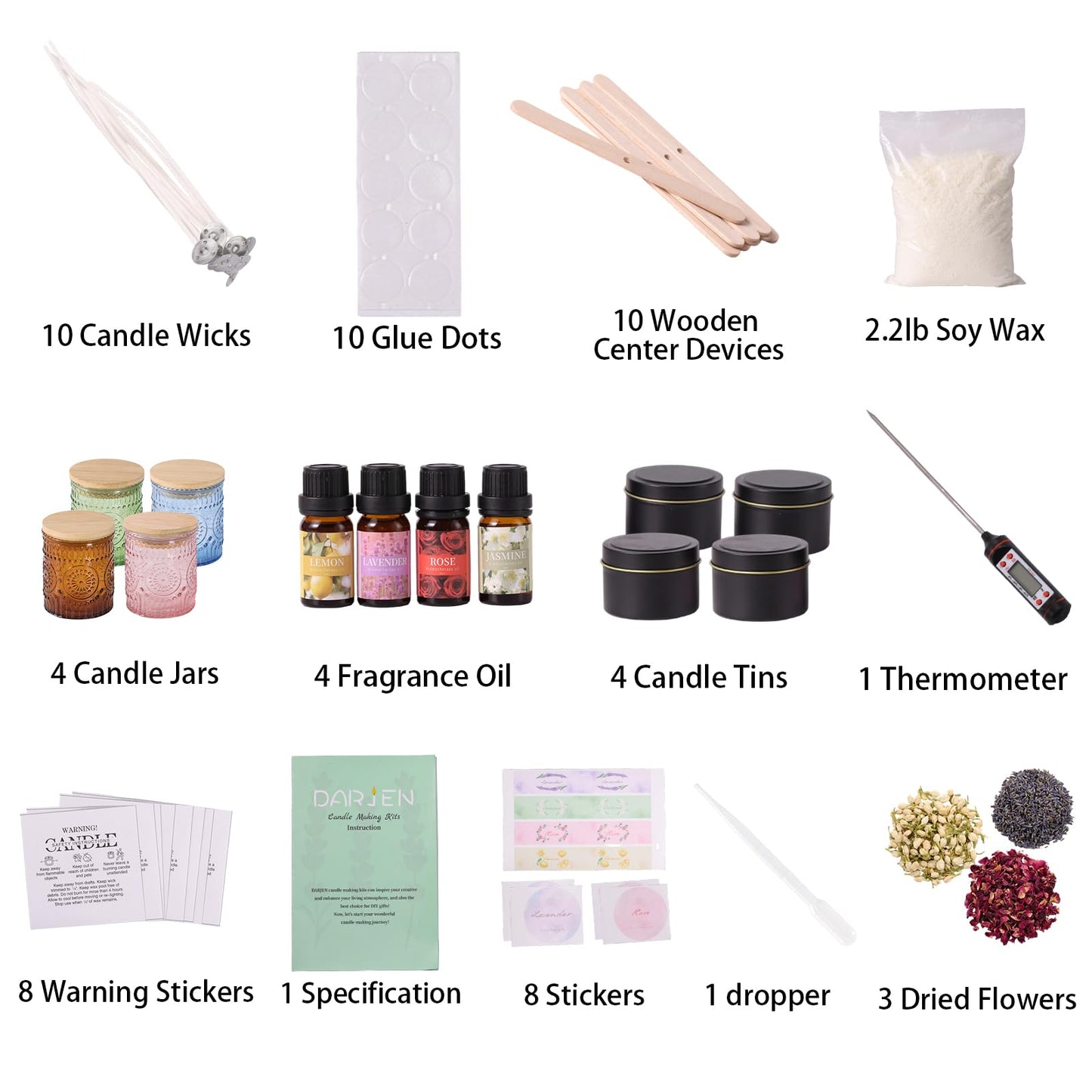 DARJEN Candle Making Kits - Soy Candles Making Supplies for Adults Including 4 Candle Jars(Amber, Pink, Blue, Green), Candle Tins, Wax, Scents, Dried Flower & More, DIY Arts & Crafts Kits Home Decor