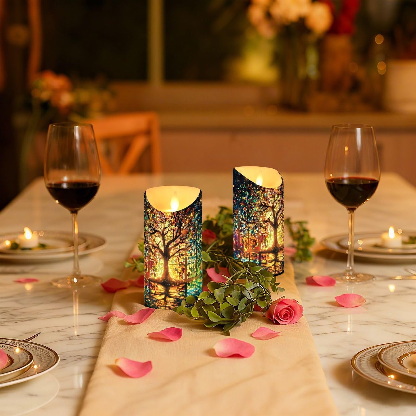 ZRYSMY Stain Glass Tree Flameless LED Candles with Remote and Timer - 5.9”x3”, 2 Pack, Battery-Operated Flickering Pillar Candles for Home Decor