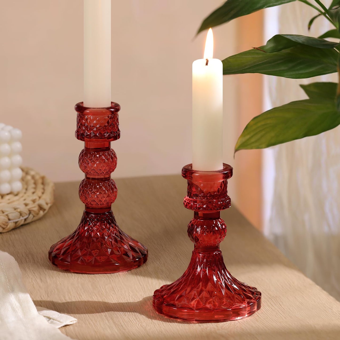 DARJEN Red Glass Candlestick Holders Set of 6, 4" H & 5" H Taper Candle Holders for Candlesticks & Pillar Candles, Diamond Candle Holders for Wedding Party Table Centerpiece, Home Decor (Pack of 2)
