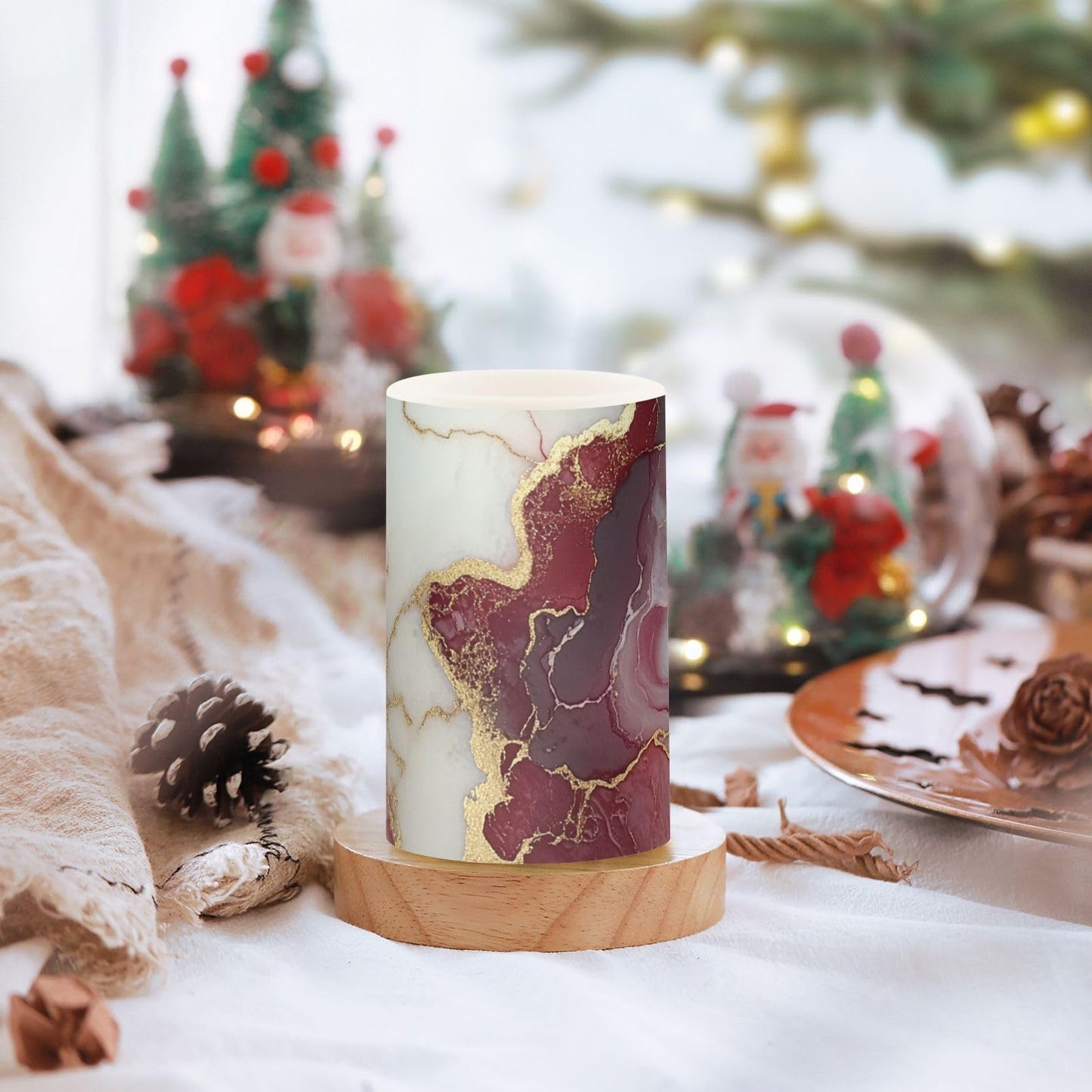 famyily Marble Burgundy White Flameless Flickering Candles Flameless Candles Set with Batteries for Dining Room Table 4" 5" Set of 2