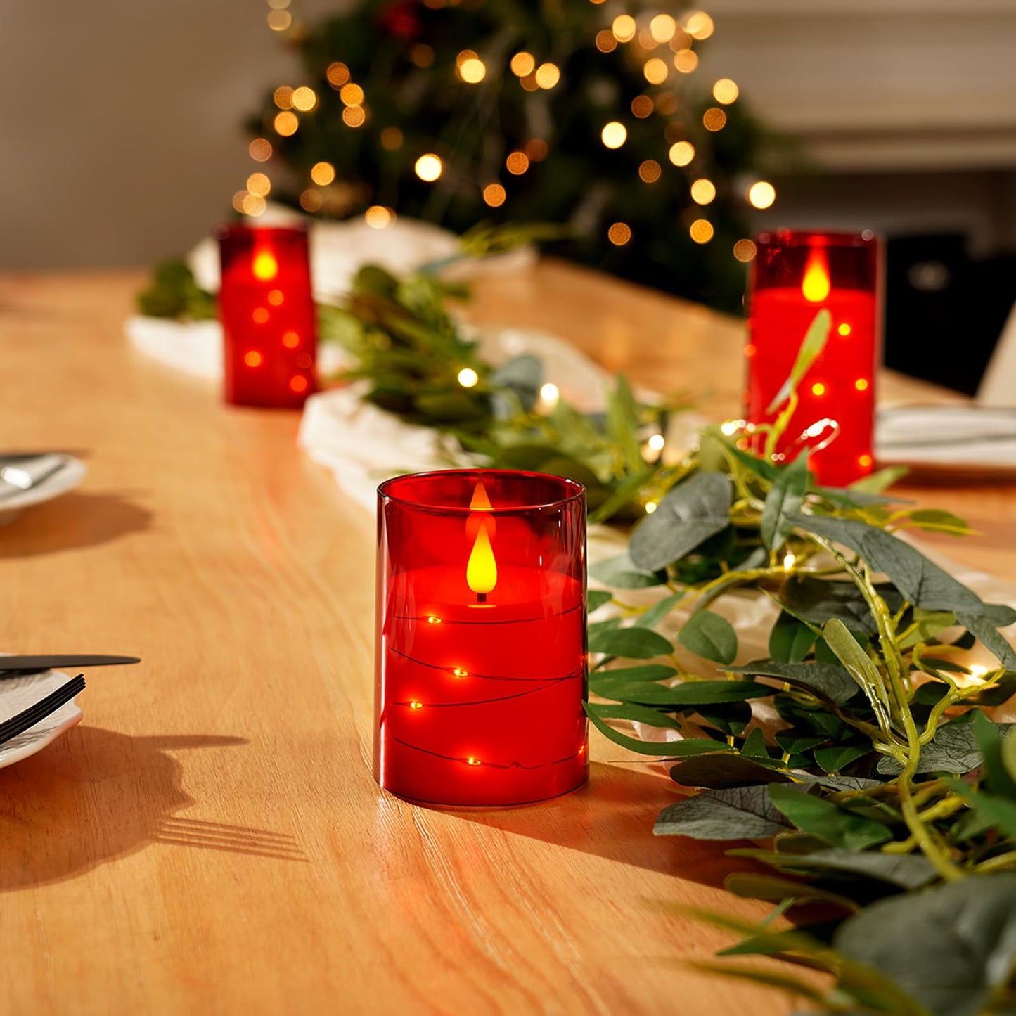 Amagic Red Flameless Candles 3 Set, Flickering Battery Operated Candles Embedded Fairy String Light, Realistic Pillar Candle with Remote Control and Timer, Acrylic, D3 x H4 5" 6"