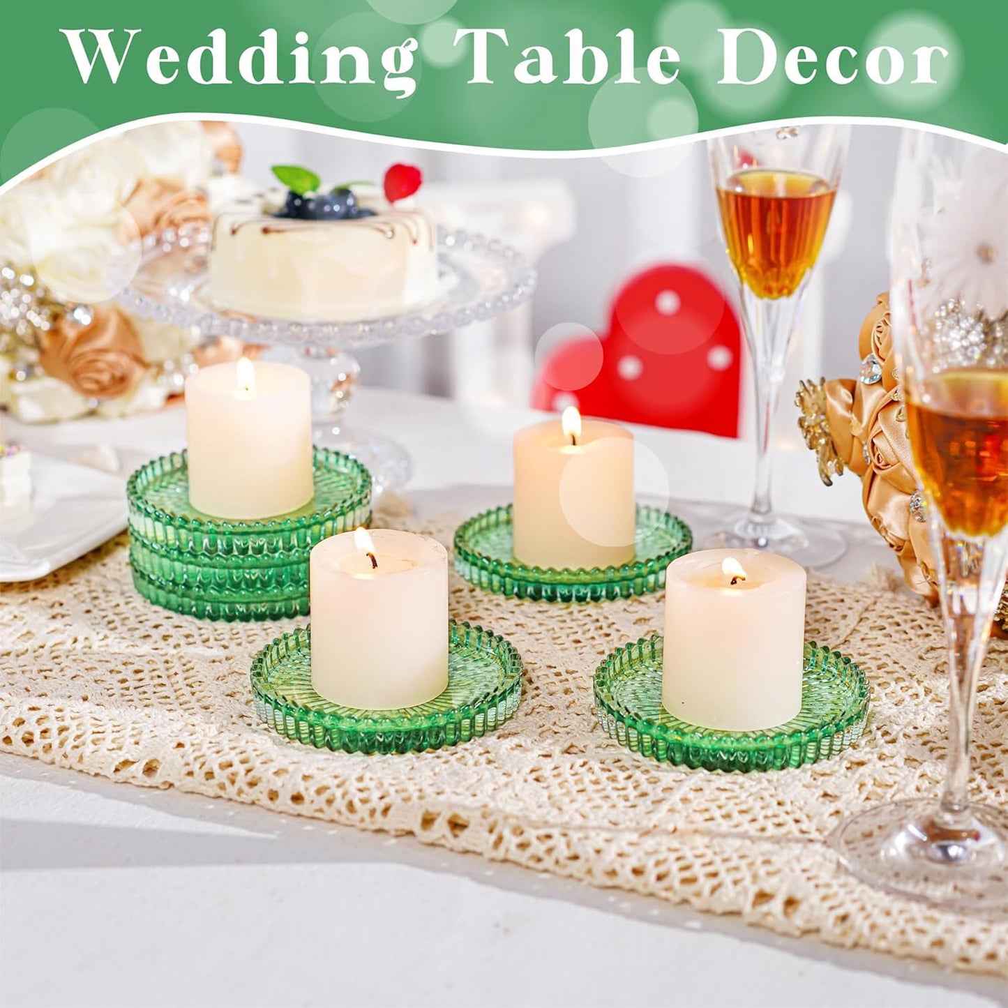 4" Glass Candle Holder,Green Round Crystal Candle Plate,Decorative Glass Pillar Candle Plate,Aromatherapy Candle Pad for Christmas, Birthday, Wedding Table Centerpiece, Set of 6