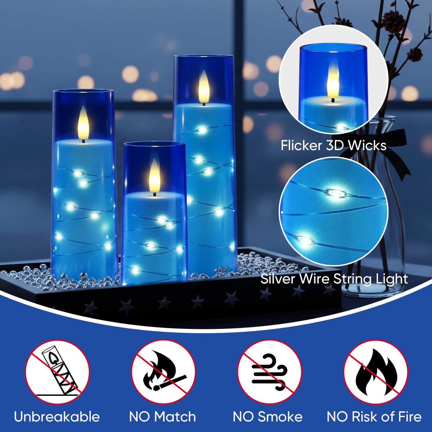 Raycare Independence Day Flameless Candle with Remote Timer – 9 Flickering Acrylic Battery Operated LED Pillar Candles with Embedded Star String for 4th of July Home Patriotic Decor, as a Gift (Blue)