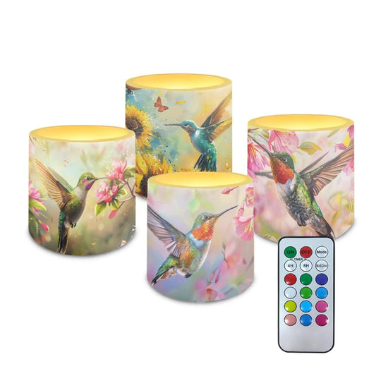 NETILGEN Floral Hummingbird Print Flickering Flameless Candles with Remote Timer Control Pack of 4 Battery Operated LED Pillar Candles 3 inch Flameless LED Candles