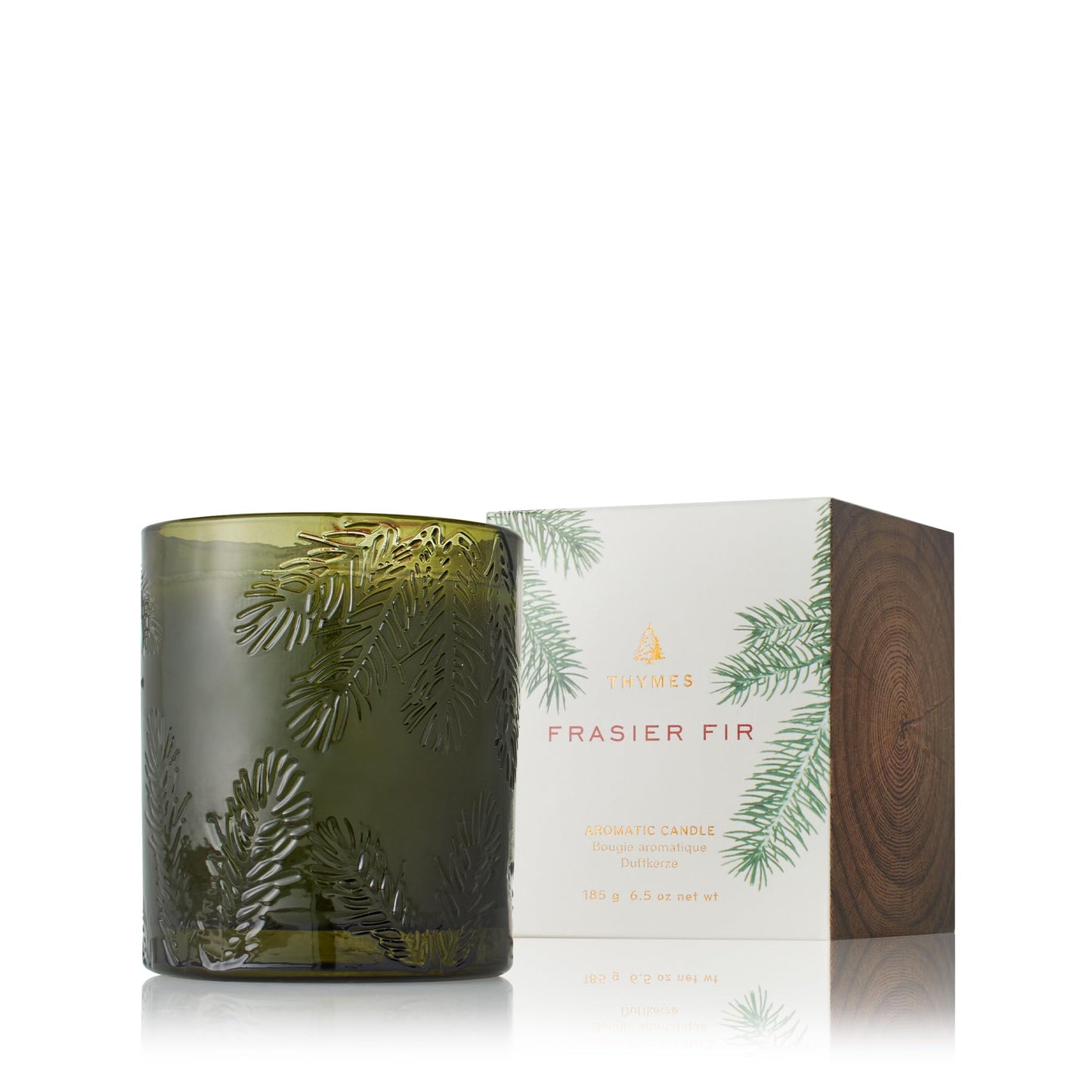 Thymes Frasier Fir Candle - Molded Green Glass Jar with Pine Needle Design - Winter Candle Gifts for Women & Men - Fresh Home Fragrance - Notes of Crisp Siberian Fir, Cedarwood & Sandalwood (6.5 oz)
