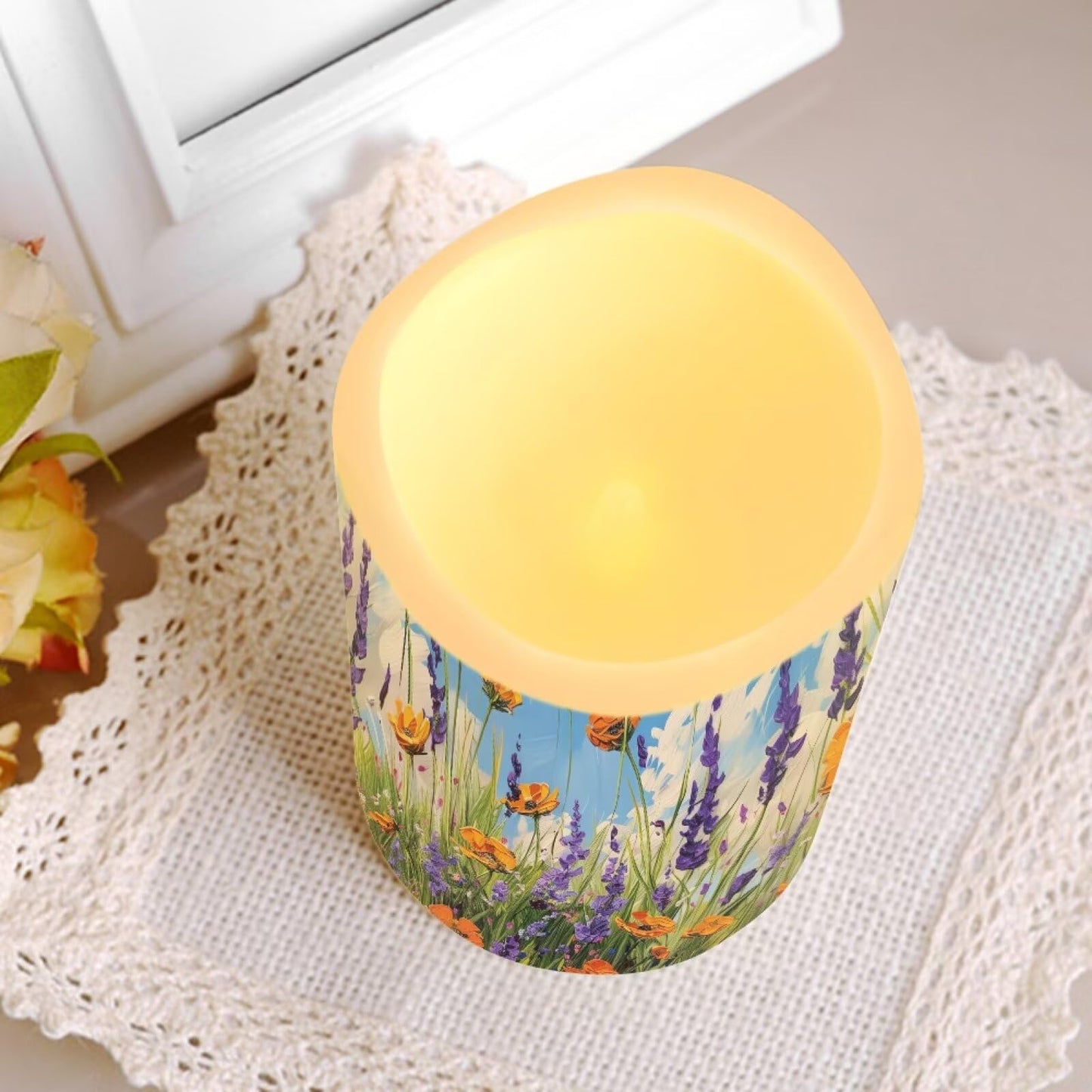 Cozeyat Meadow Floral Flameless Candles 4 Pack Battery Operated LED Pillar Candles with Remote Control Timer Color Changing for Wedding Birthday Home
