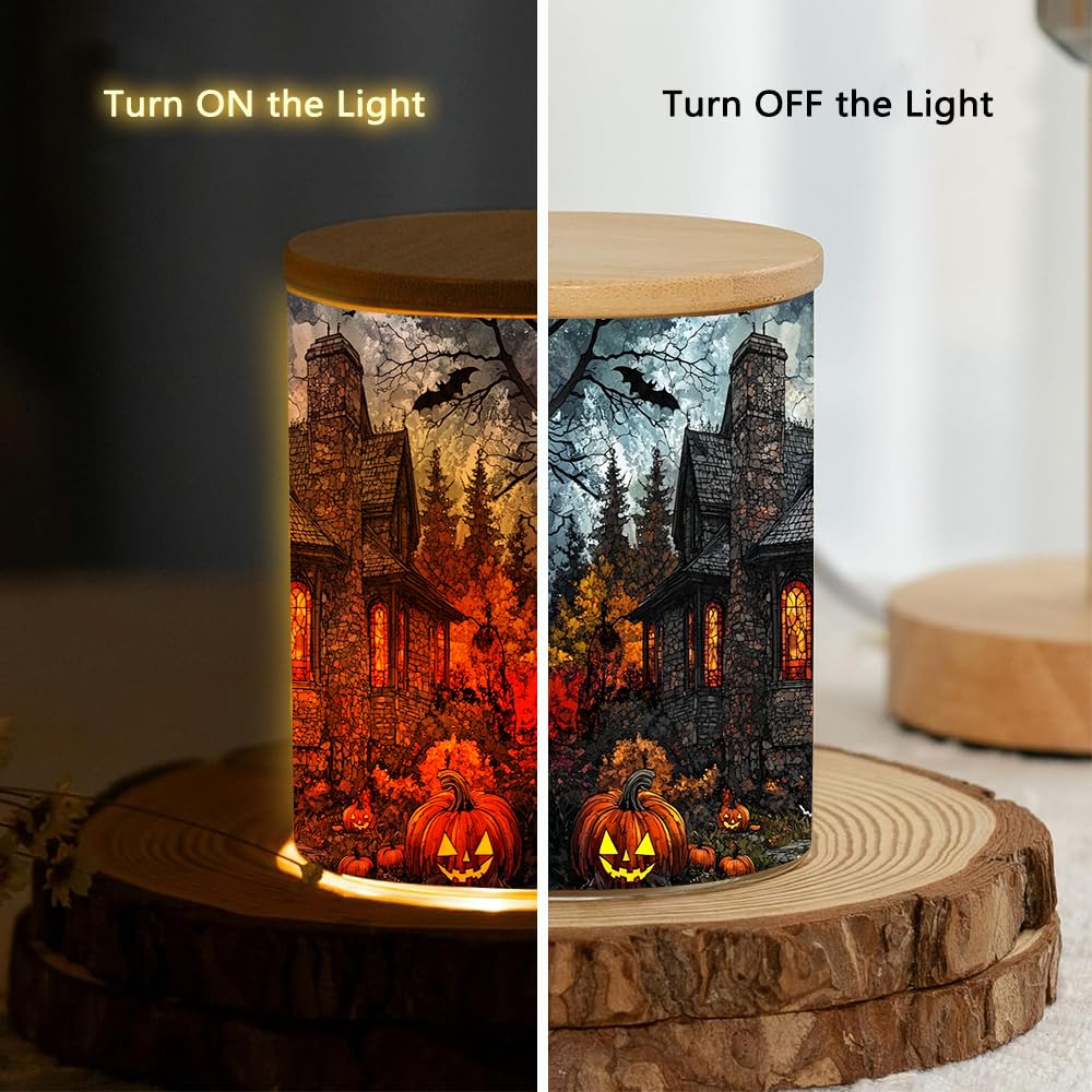 Halloween Horror House Tealight Candle Holder, Pumpkin Candle Jar Tea Light Holder, Stained Glass Halloweens Night Tealight Holders Candlesticks Gift for Halloween Christmas Thanksgiving