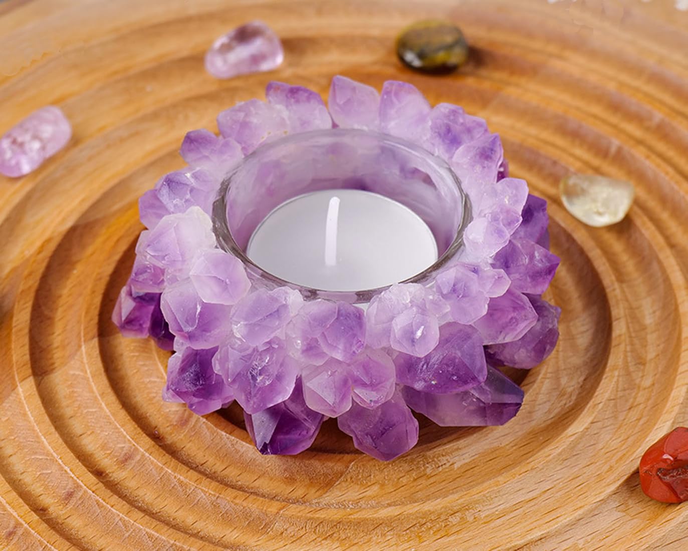 Natural Amethyst Cluster, Raw Crystal Tealight Candle Holder Crystal Stone Candle Stand High Energy Geode Votive with Healing Effects