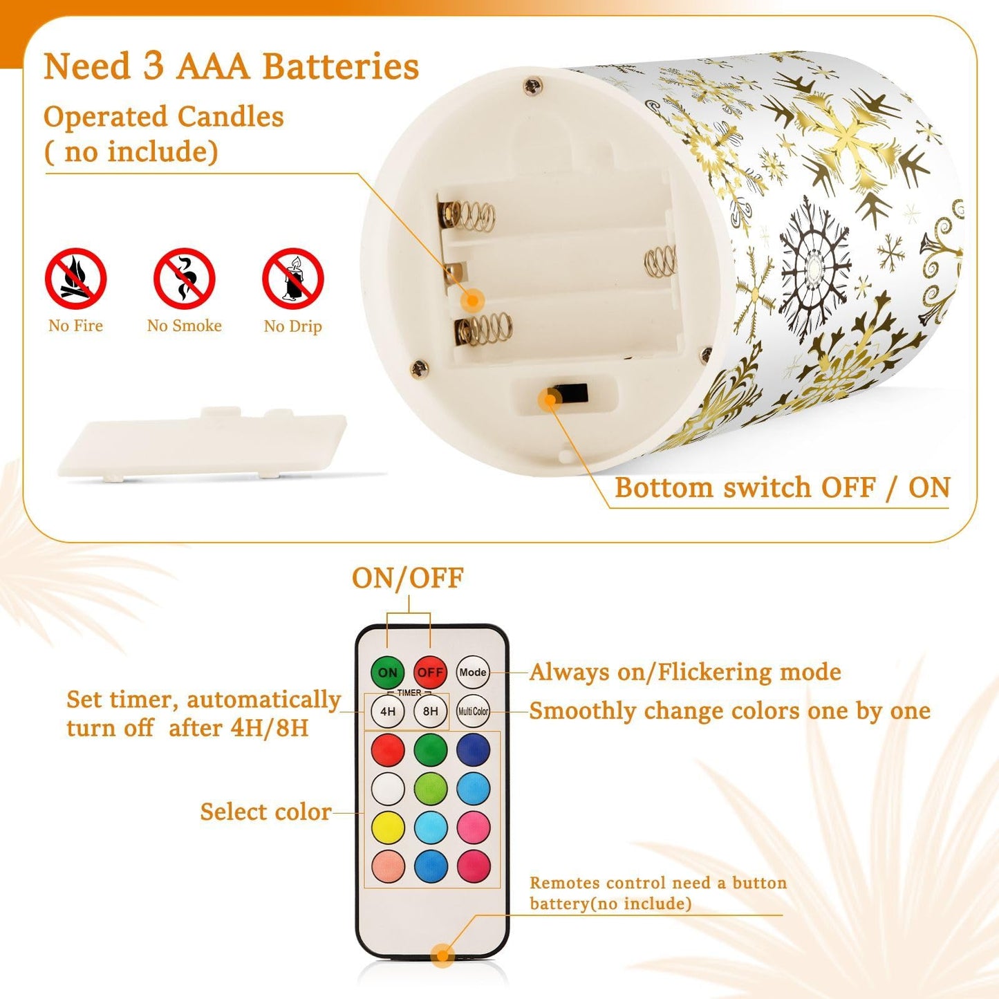 Christmas Lights Decorations Flameless Candles Golden Snowflake White Pillar Candles Set of 2 Battery Operated Remote Control Warm Lights
