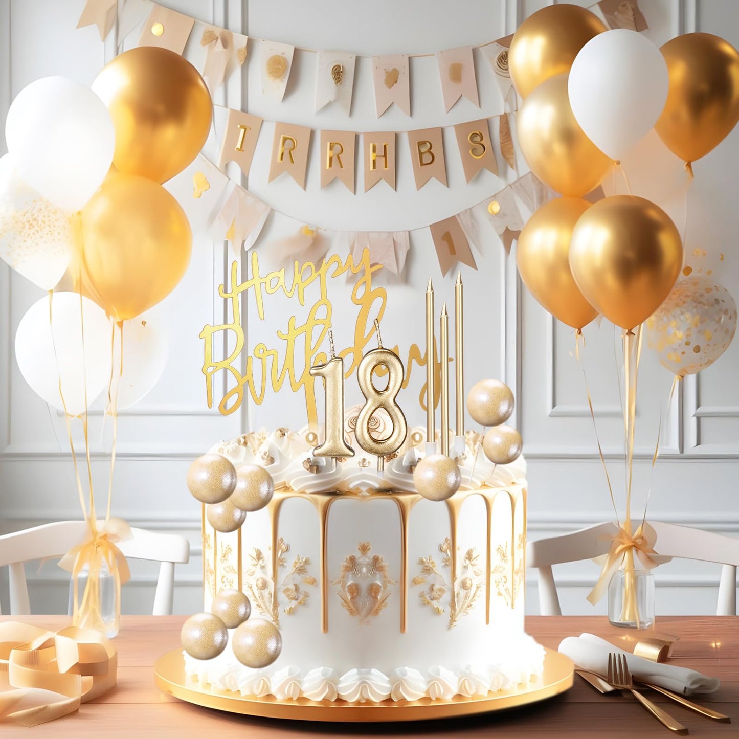 Yerliker 34 Pcs Happy Birthday Cake Toppers Decorations Birthday Candles DIY Cake Decor for Men Women Wedding Anniversary(Champagne)