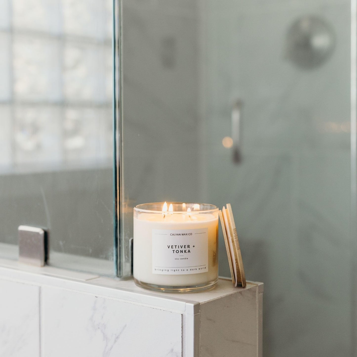 Calyan Wax Co. Vetiver & Tonka 3 Wick Scented Candle - 43 Hour Burn - Luxury 3 Wick Soy Candles - Clean Soy Wax Candles - Long Lasting Large Glass Jar Candle for Home - 14.9oz