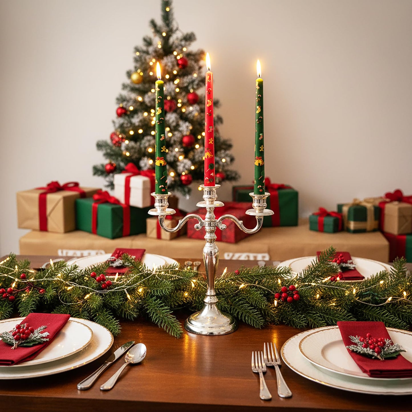 W&LESVAGO 10 Inch Christmas Print Taper Candles Set of 4, Hand-Printed Trees/Bell Patterns, Unscented Long Candlesticks for Dinner Tables & Festive Decorations