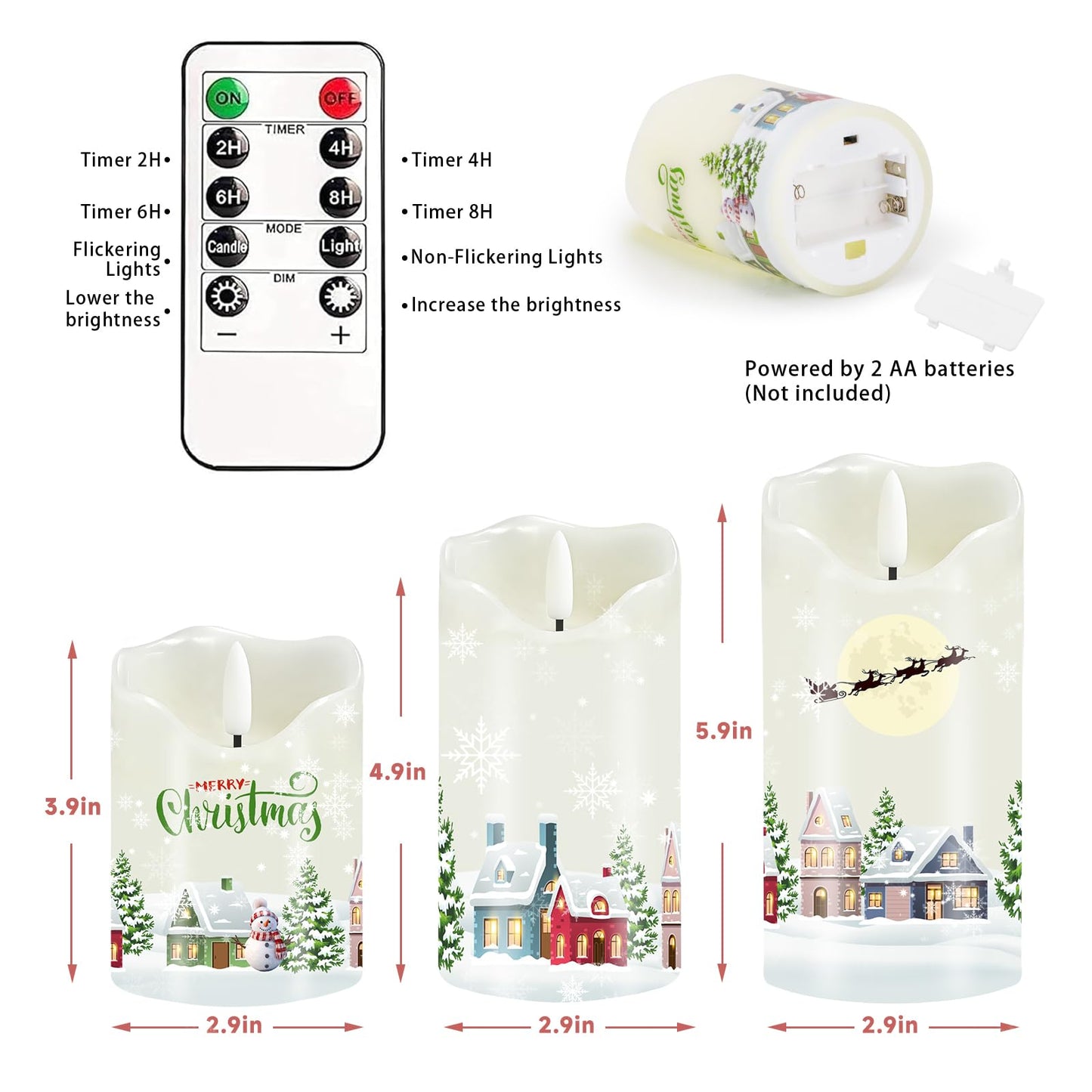 VEEKI Christmas Flameless Candles, Set of 2 Flickering Snow House LED Candles with Remote & Timer, Real Wax Pillar Candles Battery Operated, Electric Candles Light for Home Christmas Decor