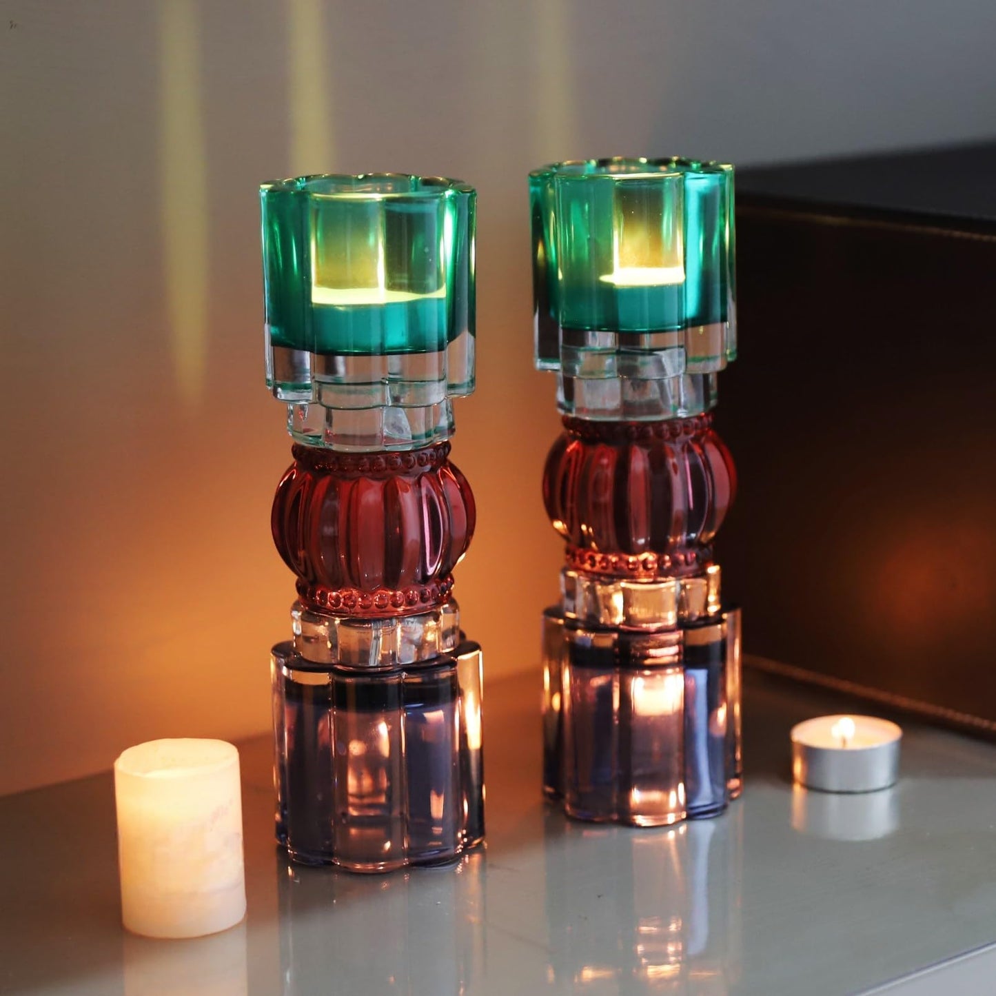 VOHO Tealight Candle Holder Jazzy Glass Mix, Modern Tall Votive Candle Holders for Home Decor, Pair of Fluted Tea Lights Candle Holder Centerpiece Table Decorations(7.87x2.75 in W/H, Shades of Blue)