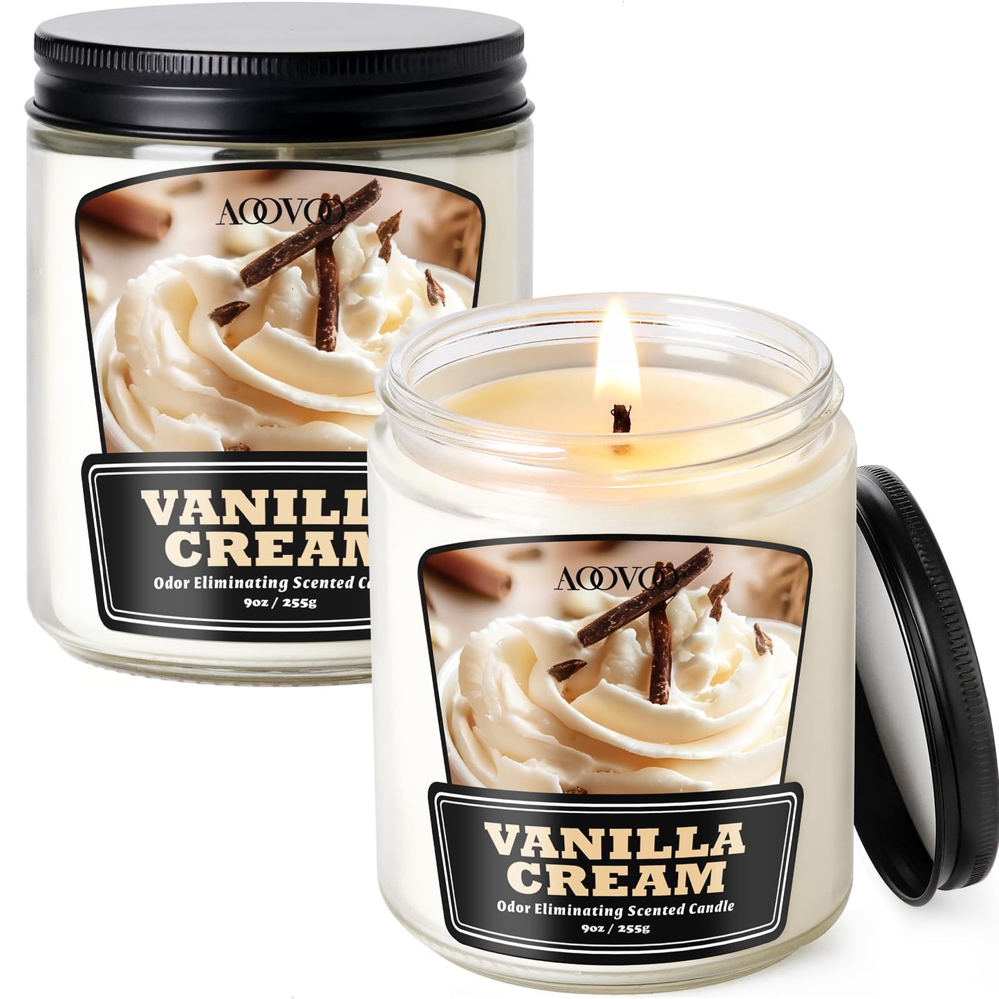 AOOVOO Vanilla Cream 2 Pack Odor Eliminating Candle - Up to 100 Hours Burn time, Eliminates 95% of Pet, Smoke, Food, and Other Smells Quickly, 18 oz Non Toxic Highly Fragranced Air Freshing Soy Candle