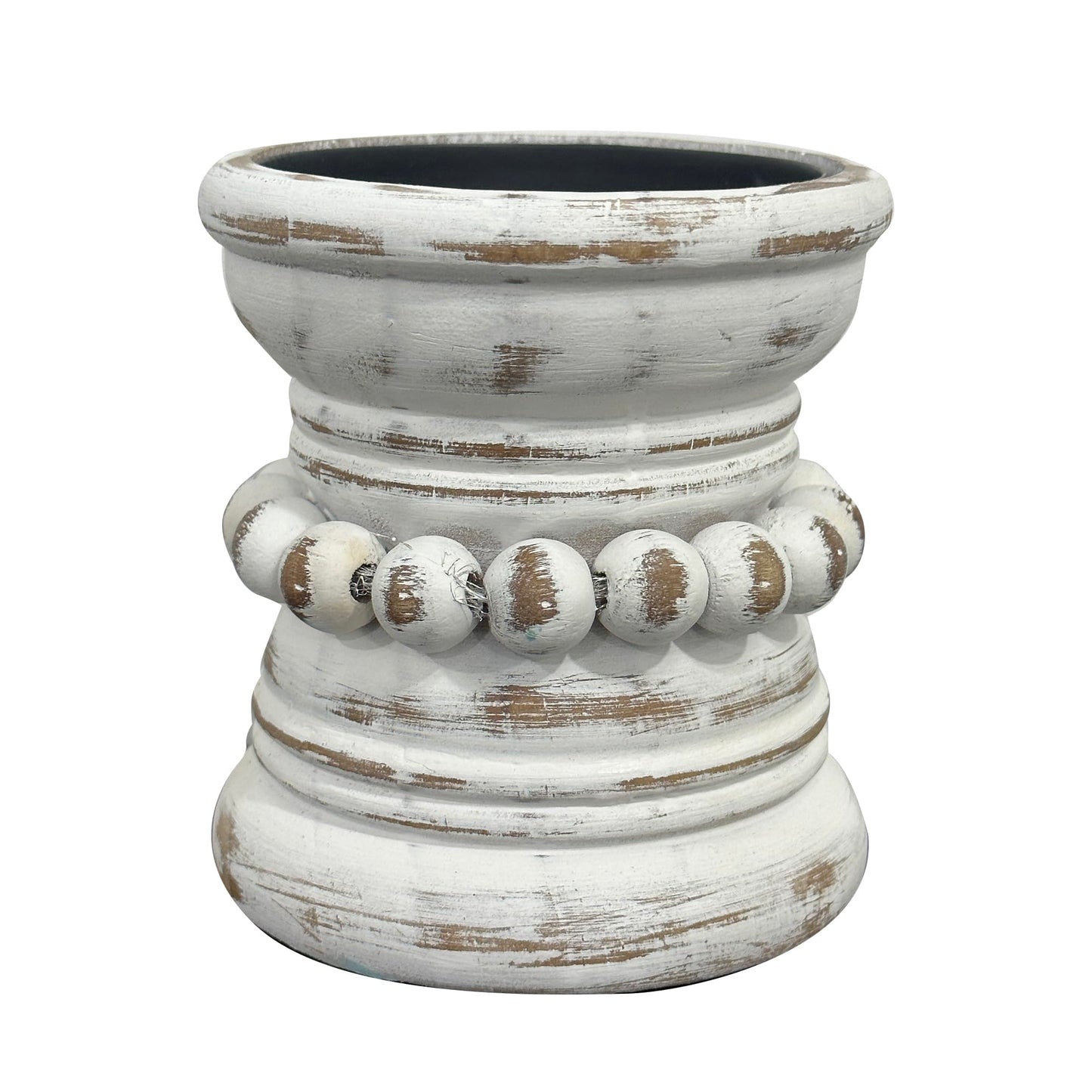 dwellington Farmhouse Rustic Wood Pillar Candle Holder, Decorative Beaded Candlestick Holder Stand for Home Décor, Gifts, Wedding (White Wash)
