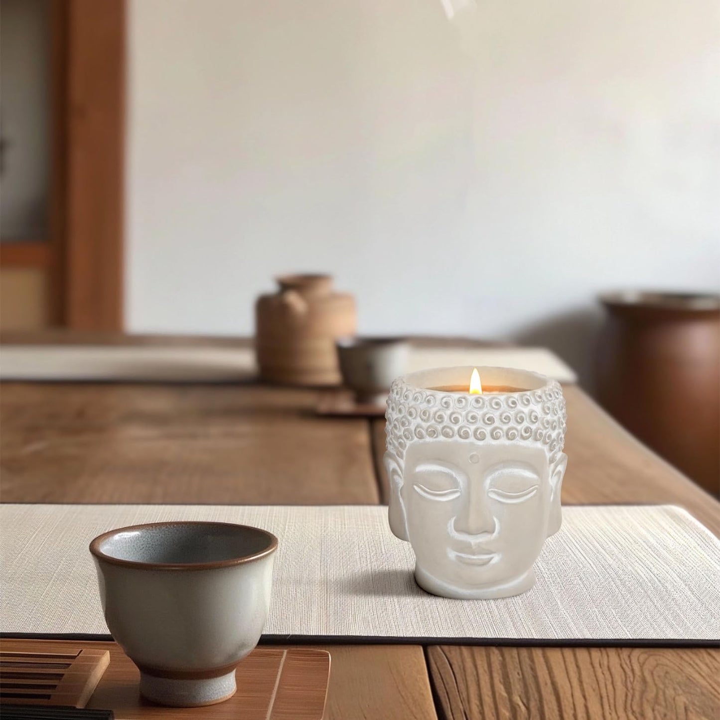 Feng Shui Meditation Buddha Candle 8oz - Wood Wick Soy Wax with Crackling Sound, Smoky Oud Scent for Positive Energy, Yoga Home Decor Spa Gift (49-Hour Burn)