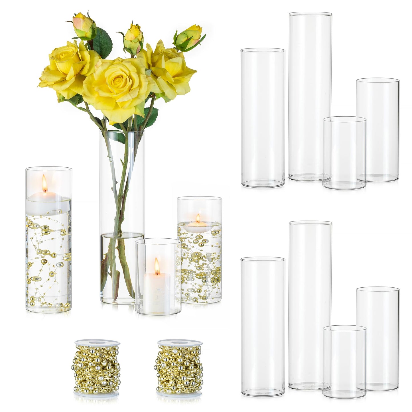 Hewory Glass Cylinder Vases for Centerpieces: Set of 12 Clear Hurricane Vase Bulk with Pearl String for Wedding Table Birthday Party Decoration - Tall Candle Holders for Floating Candle Bouquet