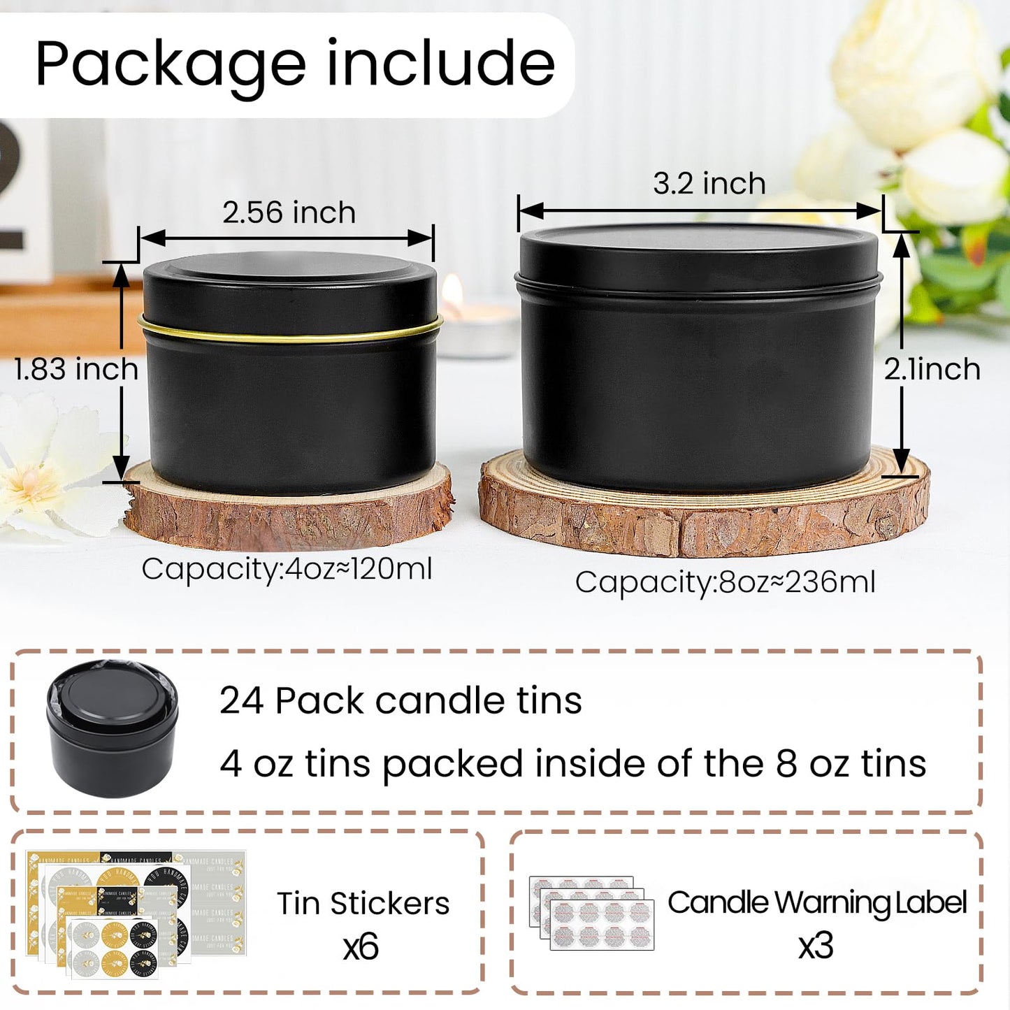 CONNOO 24 Pack Candle Tins - 12pcs 8oz + 12pcs 4oz Matte Black Candle Jars with Lids for Making Candles, Bulk Empty Candle Containers with Sticky Warning Labels for Candle Making, Storage, and Gift